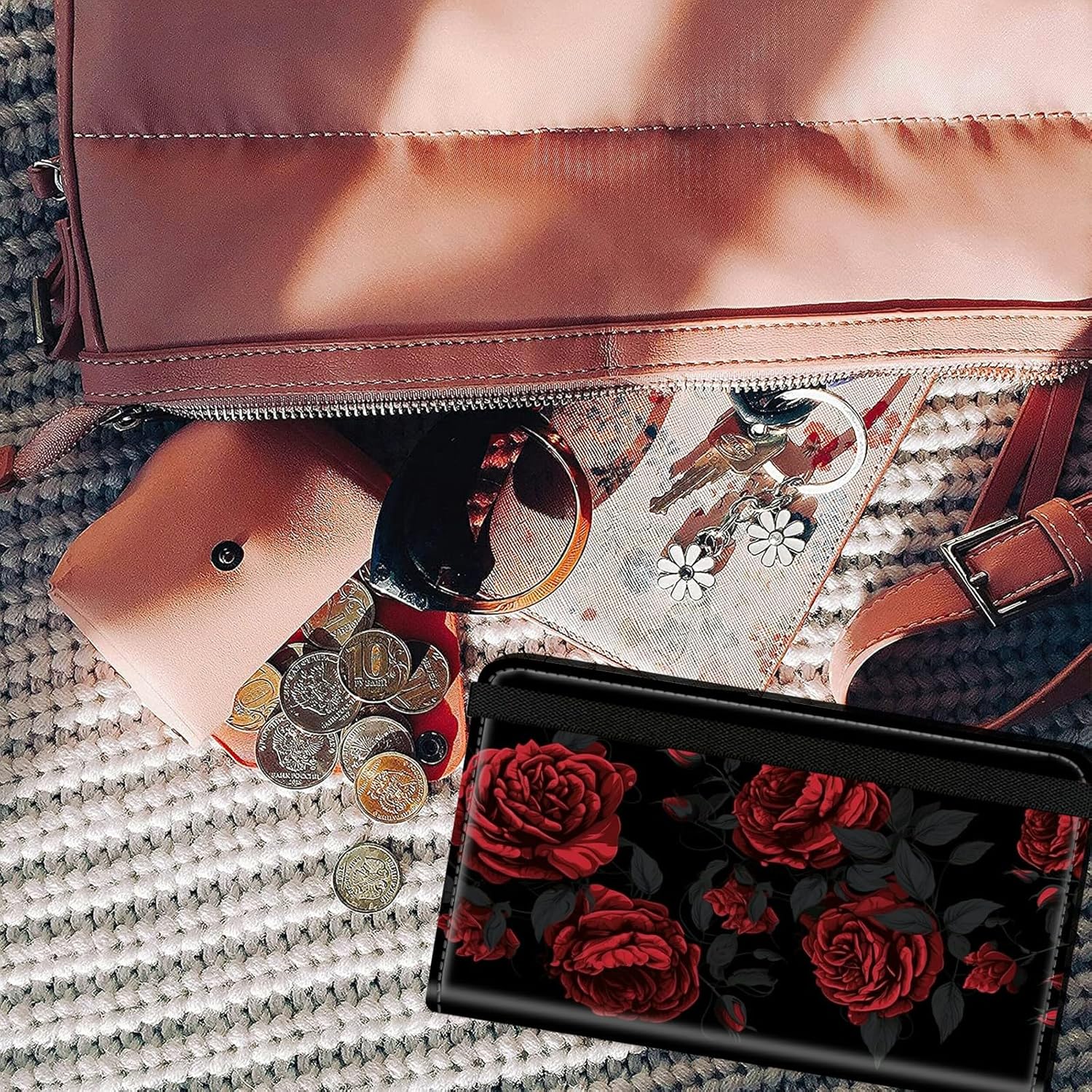 Checkbook Cover for Women & Men PU Leather Checkbook Covers for Personal Checkbook Check Book Credit Card Holder Holder Wallet with RFID Blocking & Clear Plastic Divider for Duplicate Checks,Red Roses - Image 5