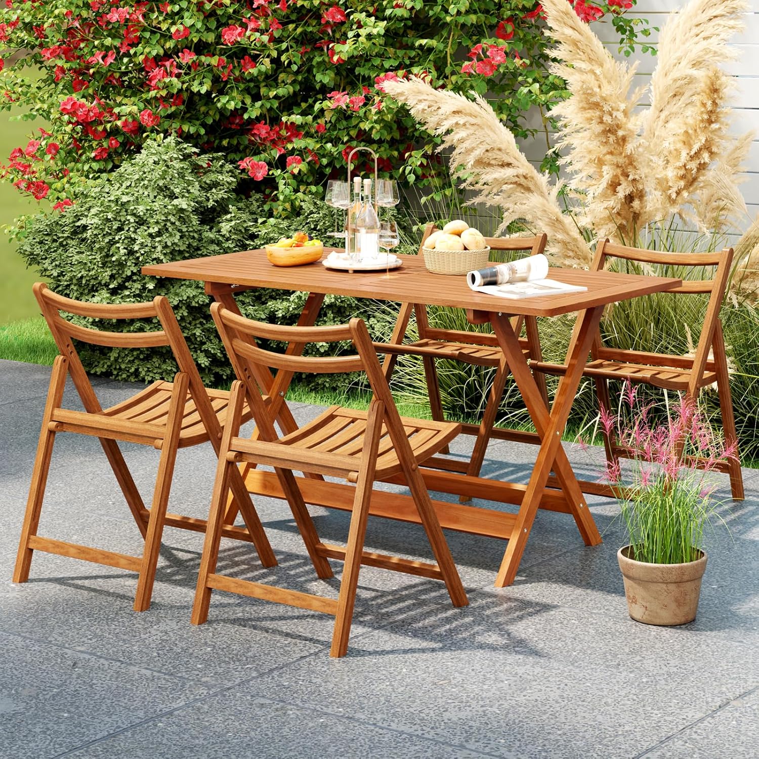 Tangkula 54.5-Inch Patio Dining Table, Solid Wood Folding Outdoor Table with Teak Painting & 2" Umbrella Hole, Rectangular Outside Dining Table for Balcony, Deck, Porch, Backyard