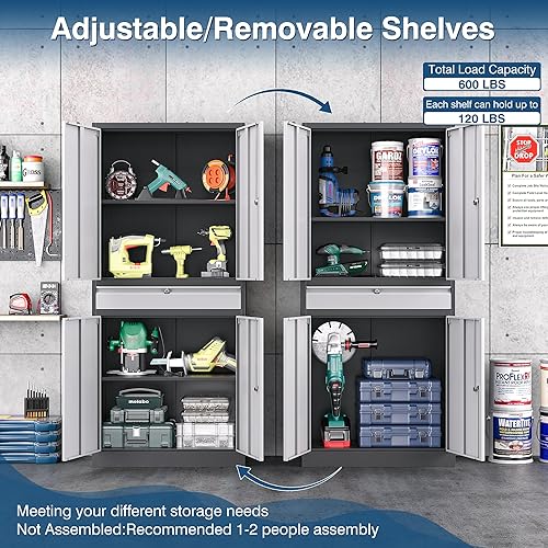 Miniatura 50 de Armario de almacenamiento de metal, gabinetes de garaje de 2 puertas, caninete de herramientas de utilidad de acero, caninetes de bloqueo corto con