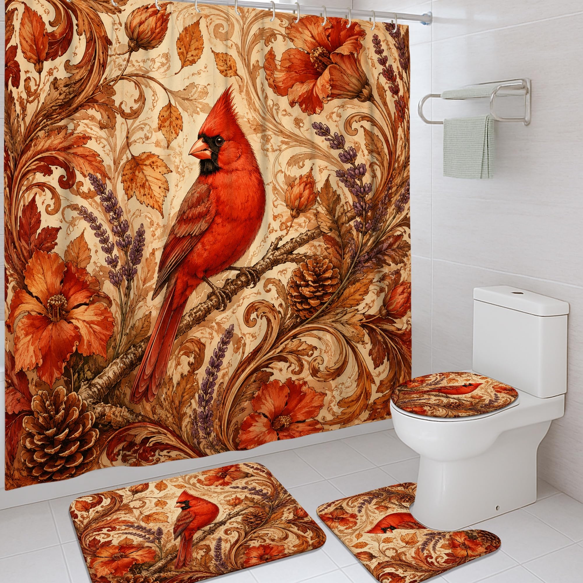 Rideau de douche et tapis nature automne pour une ambiance chalet rustique