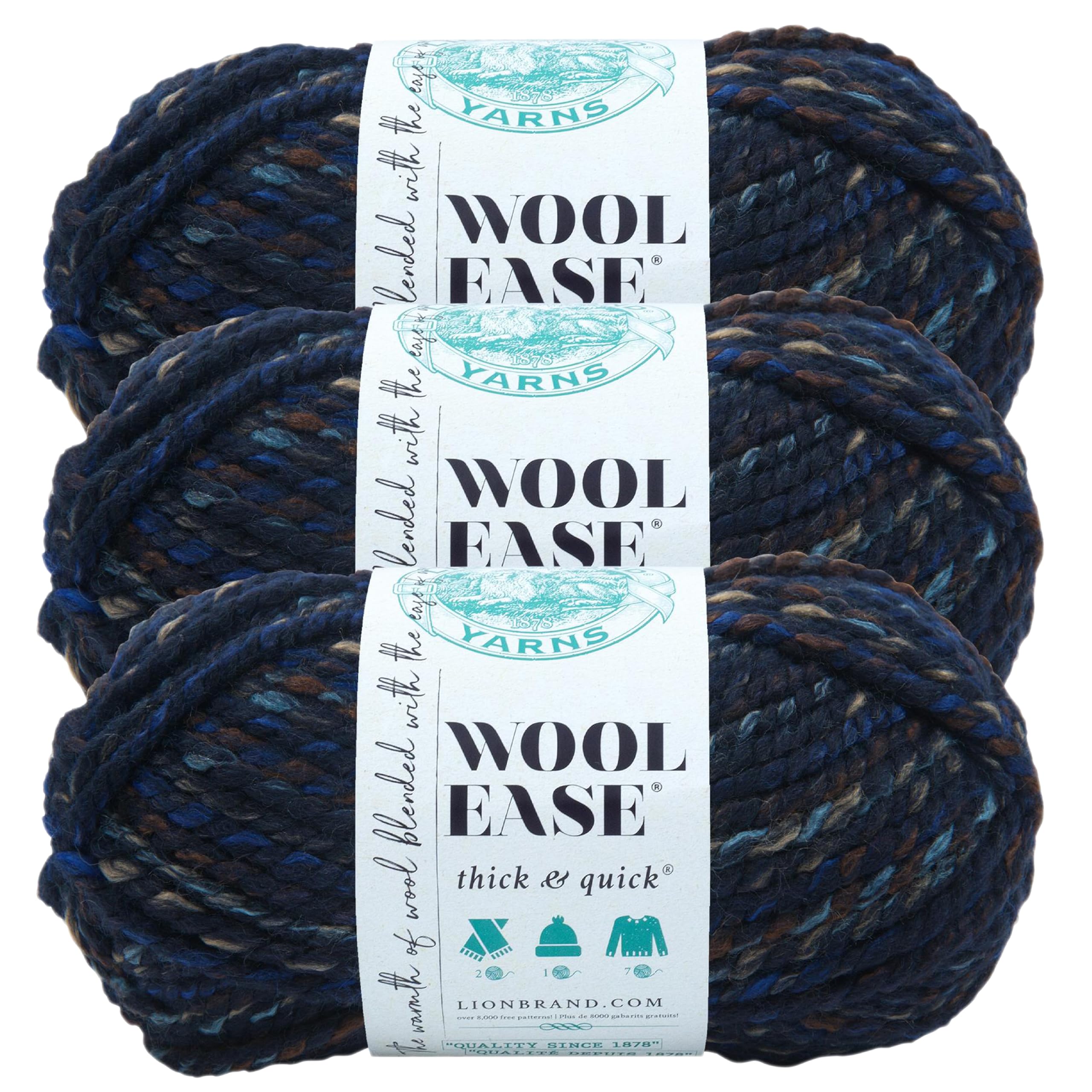 Lion Brand Yarn, Wool-Ease Thick &amp; Quick Yarn, Night Shadow, Blue, 3 Pack