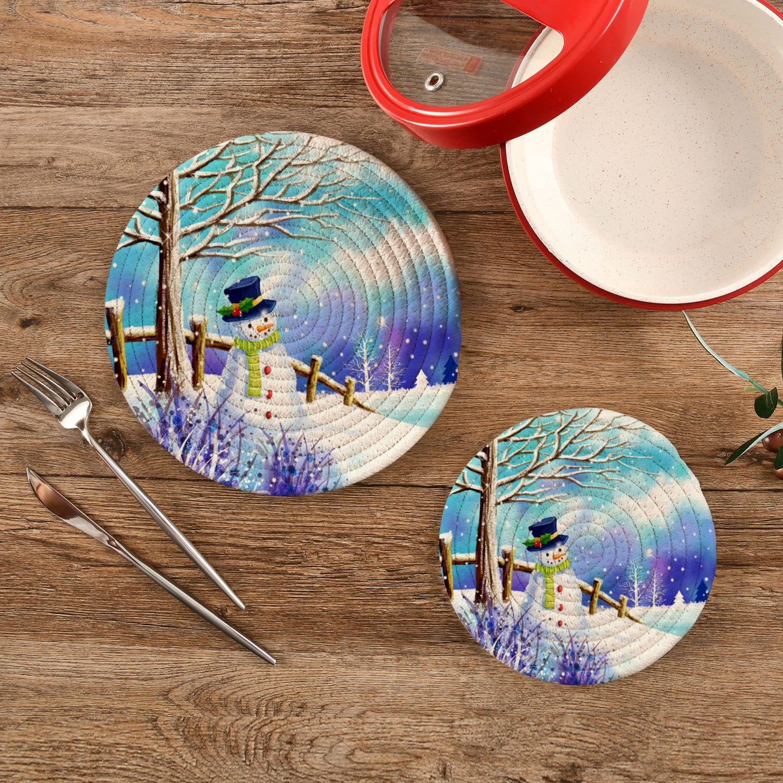 A Snowman Under A Tree on A Hill Trivets for Hot Dishes 2 Pcs,Hot Pad for Kitchen,Trivets for Hot Pots and Pans,Large Coasters Cotton Mat Cooking Potholder Set