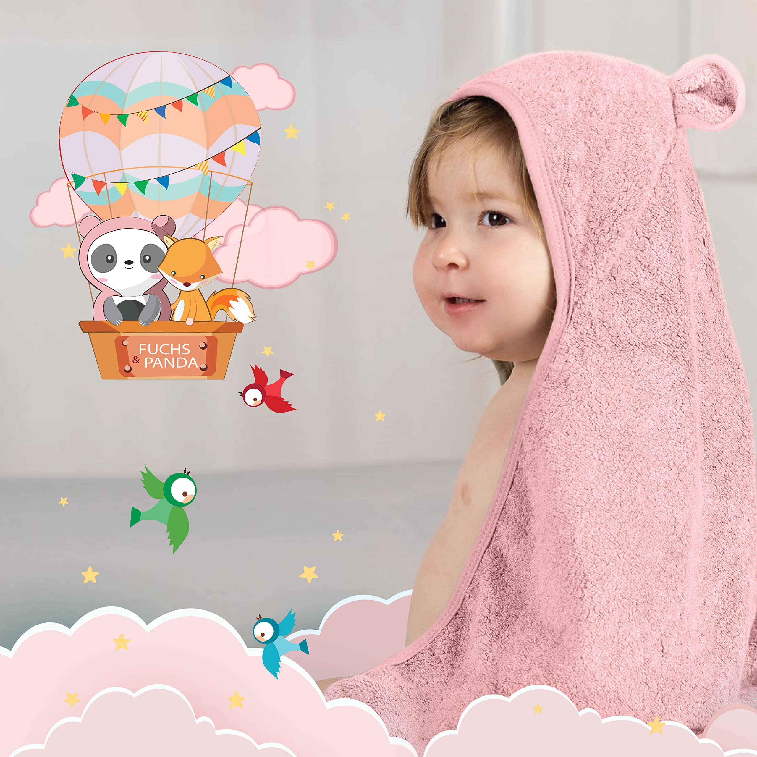 FUCHSUNDPANDA ® Asciugamano con cappuccio per bambini EXTRA spesso, caldo e morbido | 75x75cm Asciugamano per bambini con cappuccio (100% bambù) | Asciugamano per bambini con cappuccio con fantastica