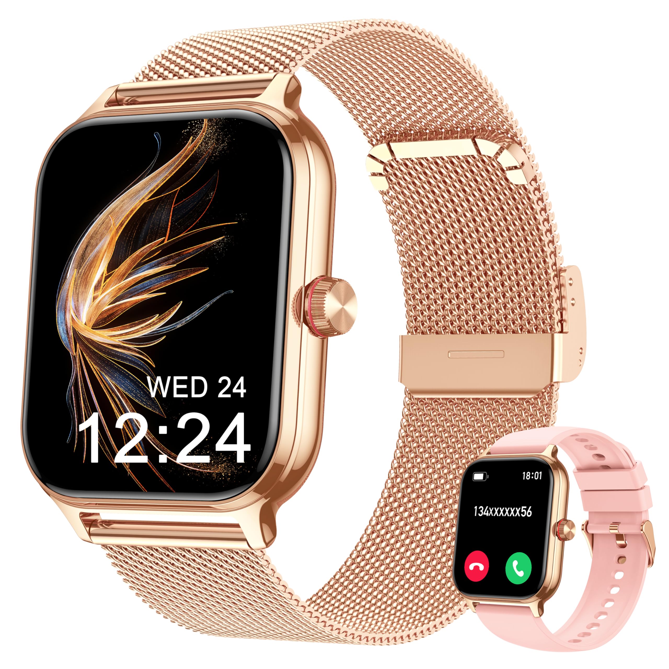 LODIMEKE Reloj Inteligente Mujer con Llamadas y Asistente AI, Whatsapp Notificaciones, 1.95" Smartwatch con Monitor de Presión Arterial /SpO2/Pulsómetro/Sueño, 2 Correas Pulsera Regalo iOS Android