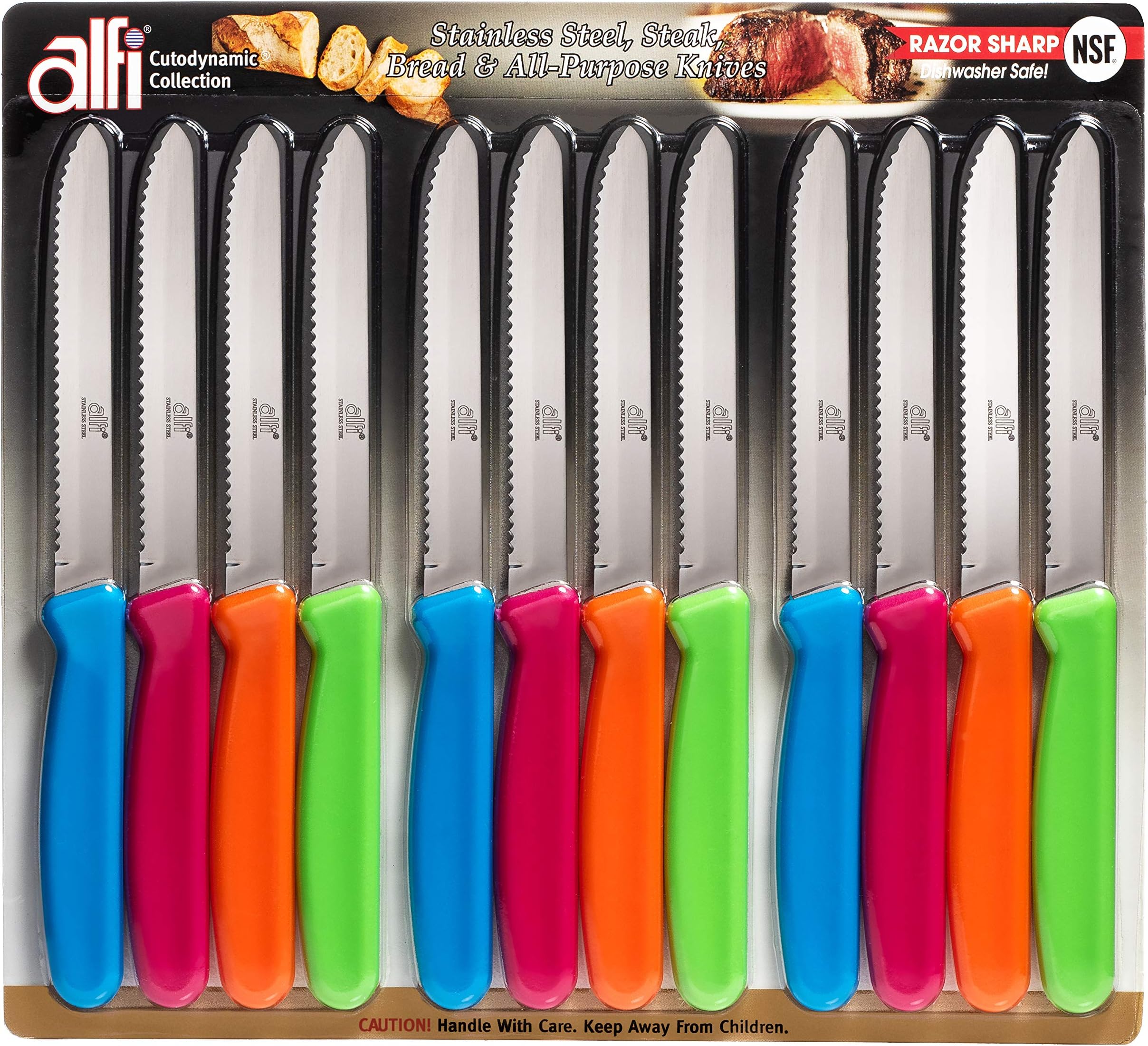 All-Purpose Knives Aerospace Precision Rounded Tip - Home And Kitchen Supplies - Serrated Steak Knives Set | Made in USA (Multi-Color, 12 Pack)