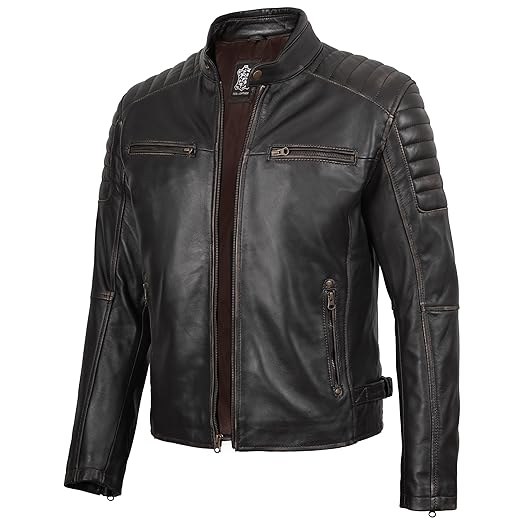 Jaqueta de couro marrom e preta para homens - 100% couro de cordeiro estilo motocicleta Cafe Racer jaquetas de motociclista