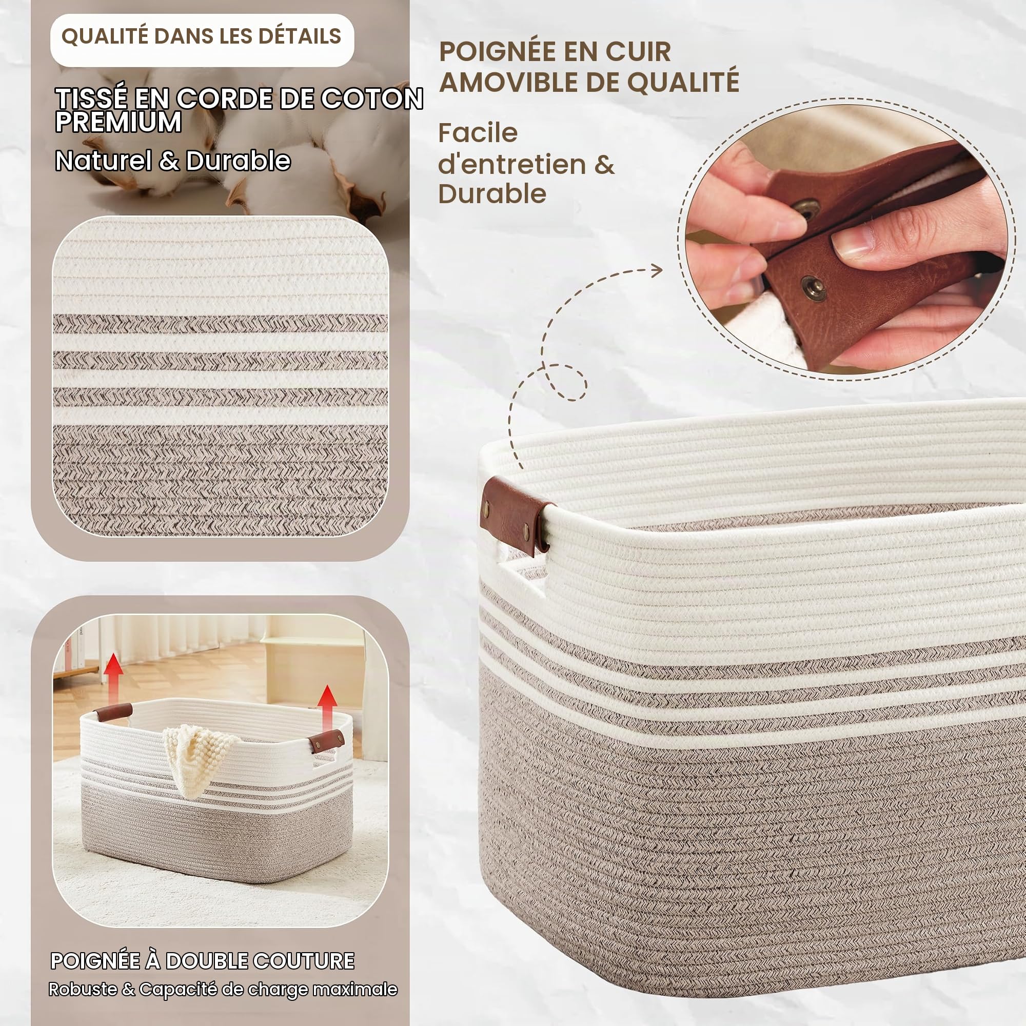Grand panier à linge tressé en corde de coton, 100L avec anses en cuir, pour couvertures, vêtements et jouets, adapté à la chambre d'enfant et au salon, 55x43x30 cm, blanc et brun