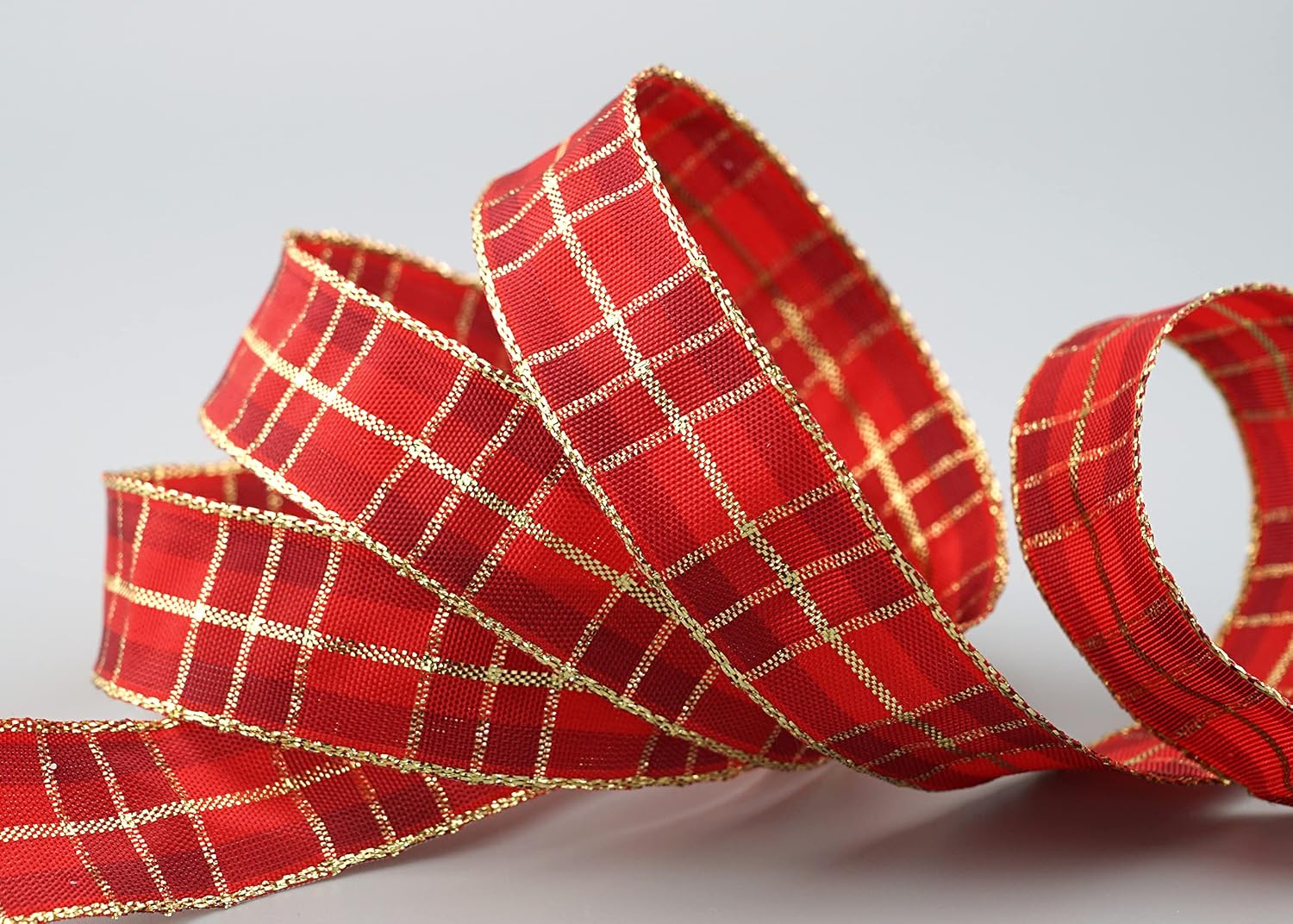 finemark 20 m x 25 mm chequered Christmas ribbon red gold (151) with lurex wire edge ribbon, decorative ribbon, gift ribbon - Image 4