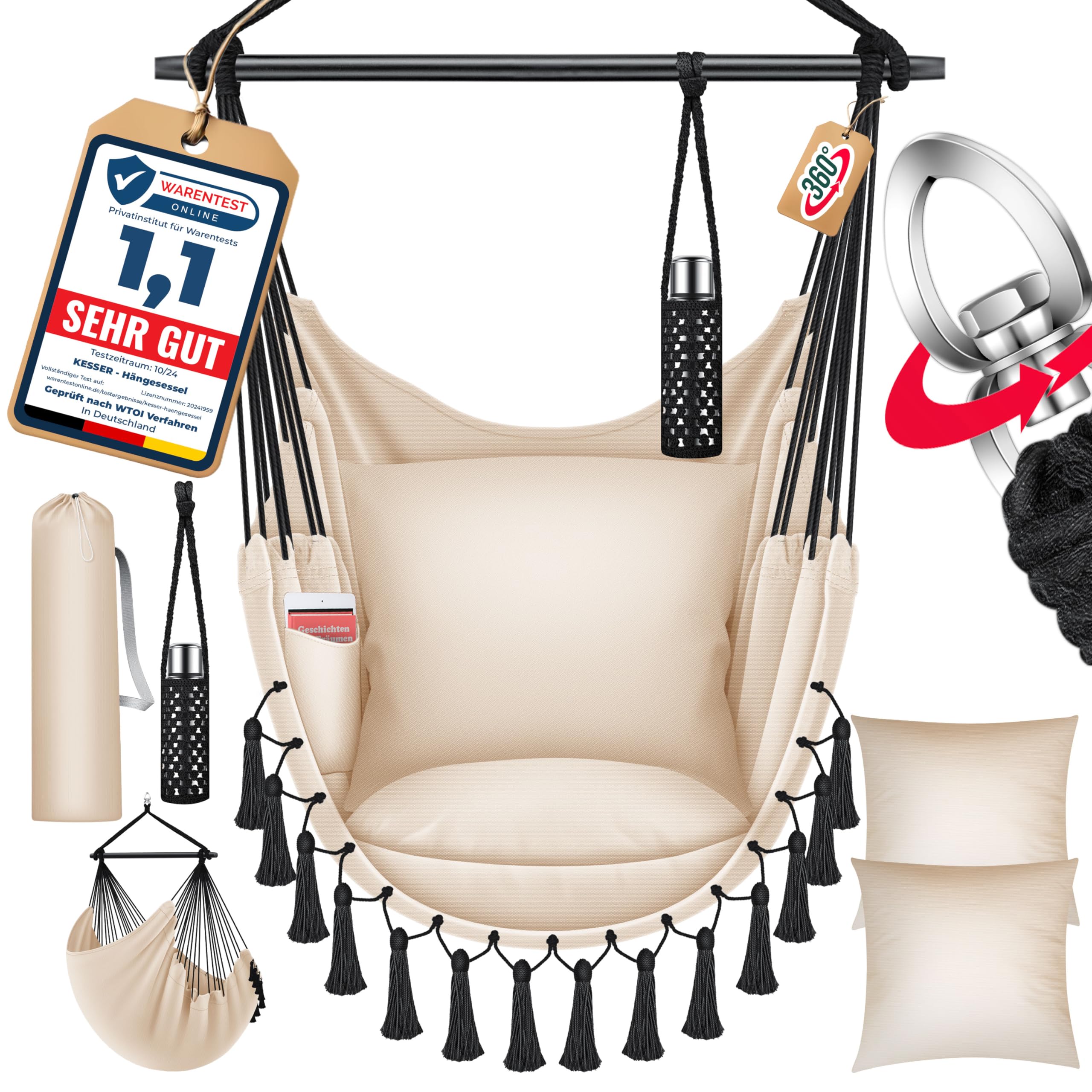 KESSER® Hängesessel Safari XXL Hängestuhl für Erwachsene & Kinder Hängematte bis 150 kg Hängesitz Aufhängung Indoor-Outdoor-Wohnen Inkl. Tragetasche, 2 Kissen, Getränkehalter & Bücherfach, Beige
