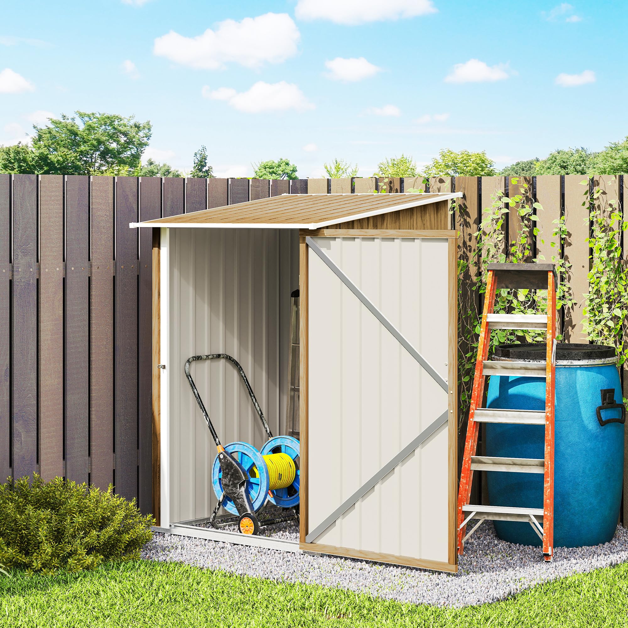 Outsunny Casetta da Giardino 0.92m² Acciaio Zincato 100x104x160 cm Marrone Chiaro Effetto Legno
