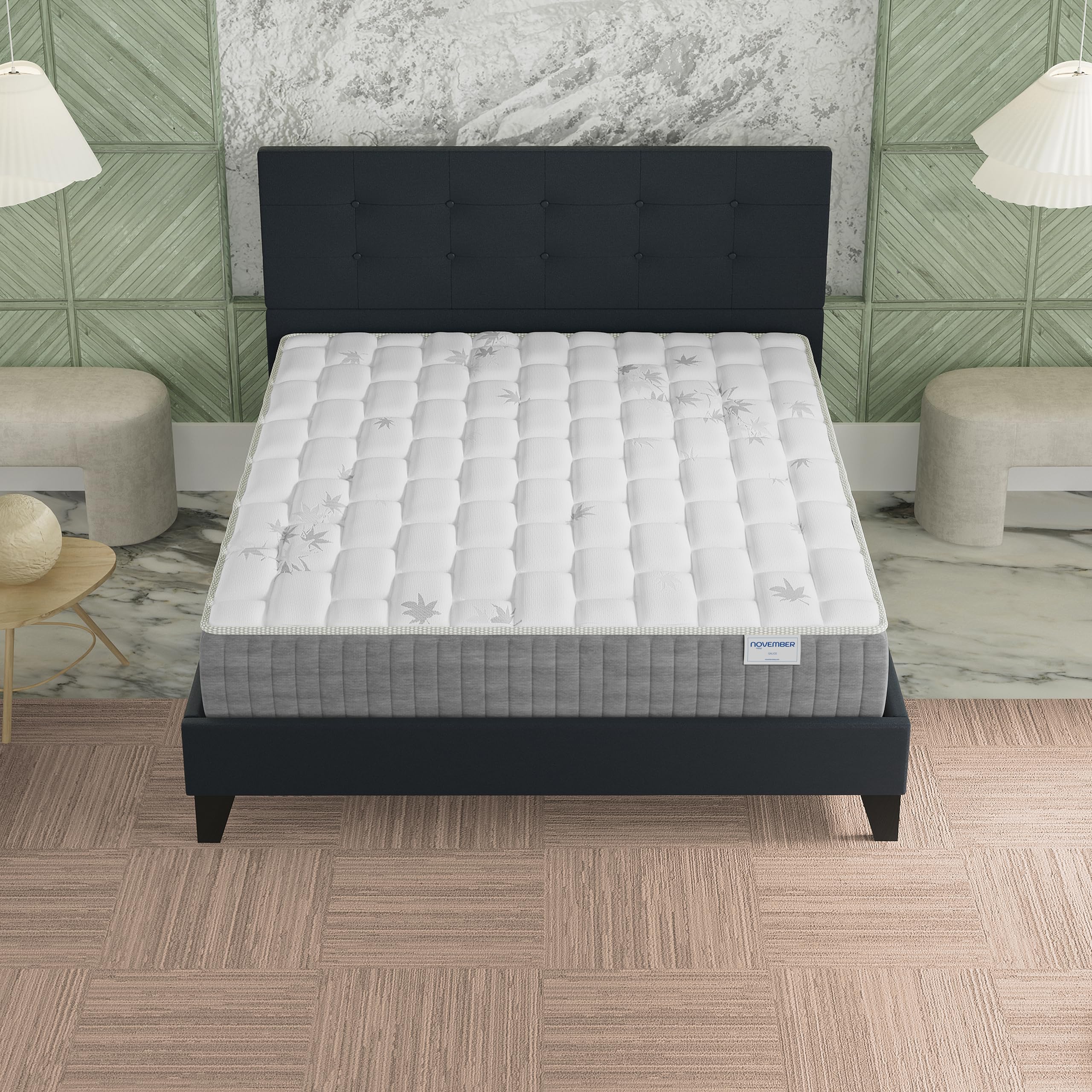 NOVEMBER- Ensemble Matelas + LIT (140x200cm)- Matelas Galice 25cm Ressorts ensachés & Mémoire de Forme+ Sommier tête de lit Bois Stable & Robuste revêtement synthétique Noir
