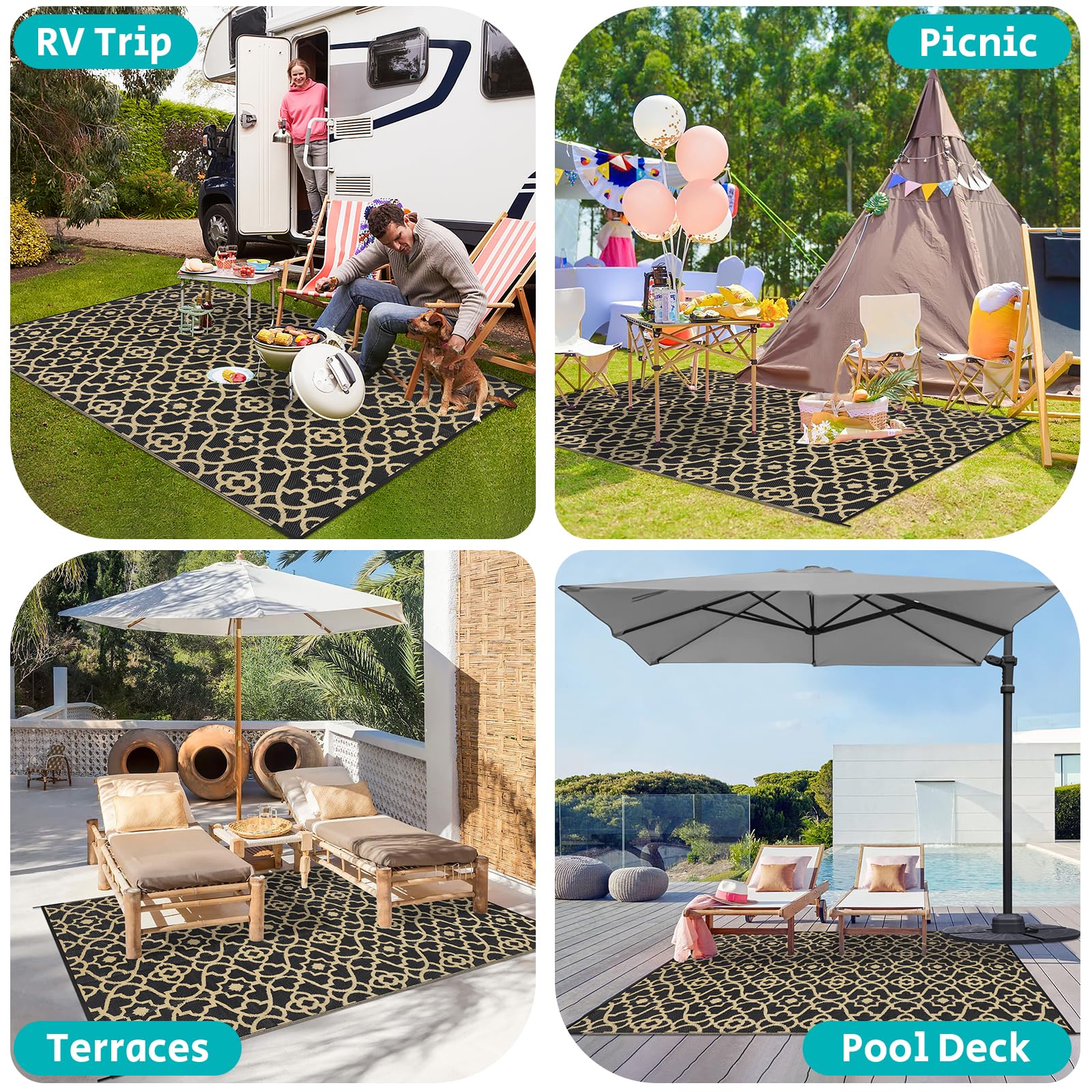 HEBE Alfombra para exteriores de 6 x 9 pies para patios, impermeable, reversible, de pajilla de plástico, para camping, caravana, porche, cubierta, balcón, cámper, patio trasero