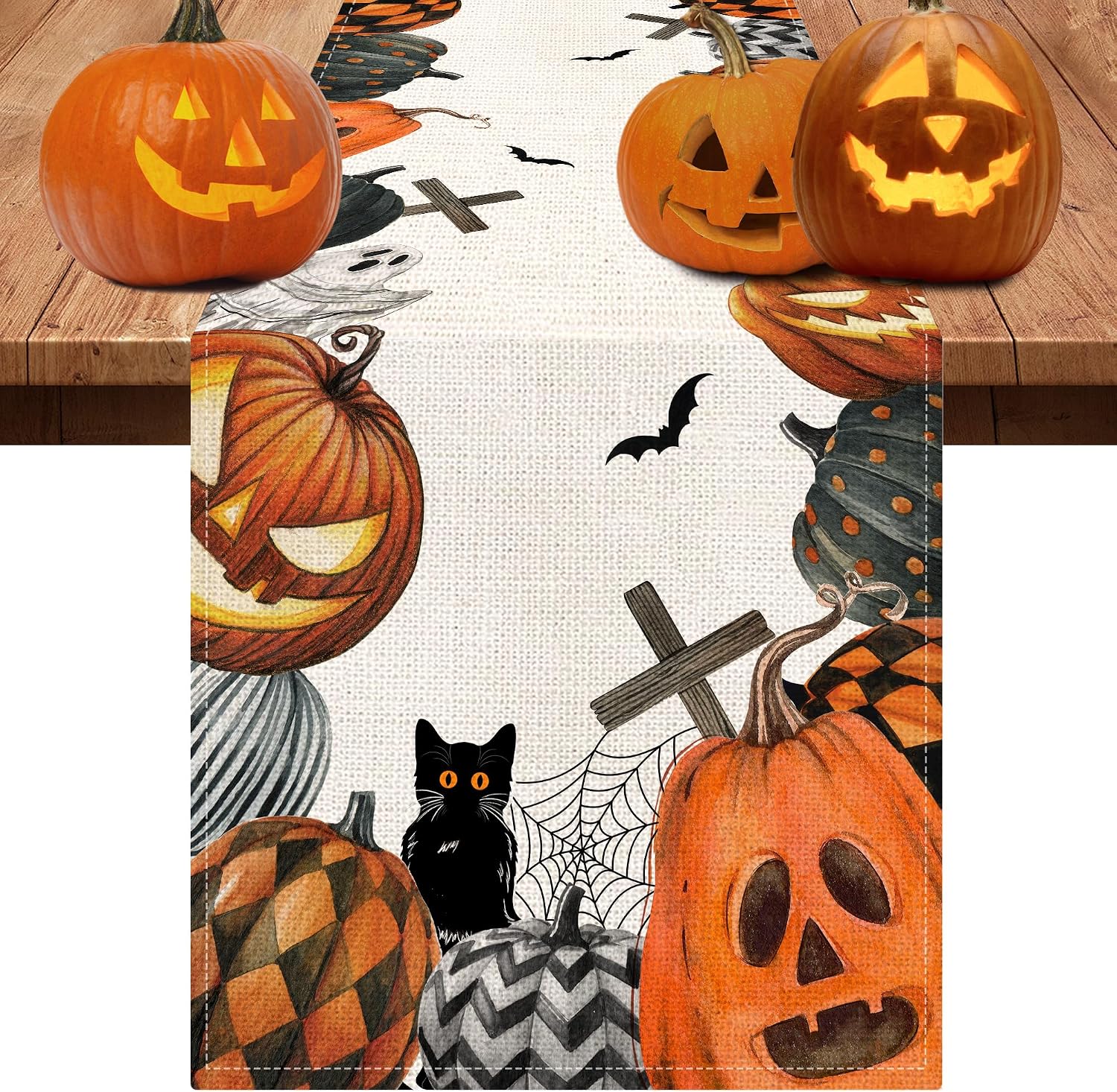 Amazon.com: Halloween Table Runner, Black Cat Burlap Halloween Table ...