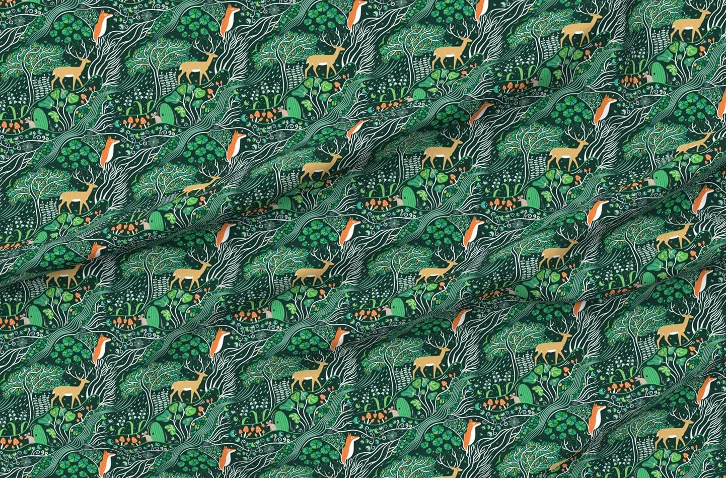Spoonflower Fabric - Woodland Forest Animals Green Emerald Trees Nature Deer Children Decor Printed on Polartec(R) Fleece Fabric by The Yard - Sewing Blankets Loungewear and No-Sew
