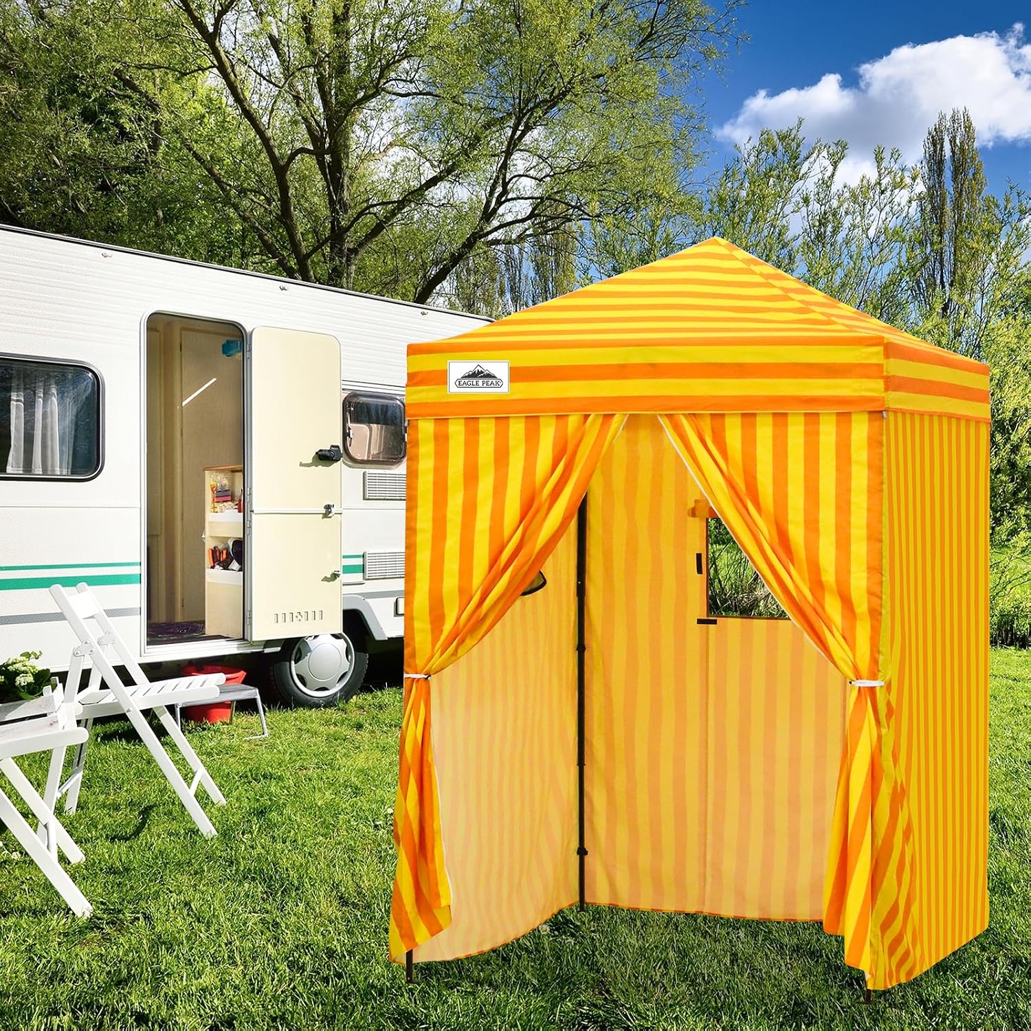 EAGLE PEAK Flex Ultra Compact 5x5 Pop-up Canopy, Sun Shelter, Changing Room, Portable Privacy Tent for Pool, Fashion Photoshoots, or Camping, Yellow Orange