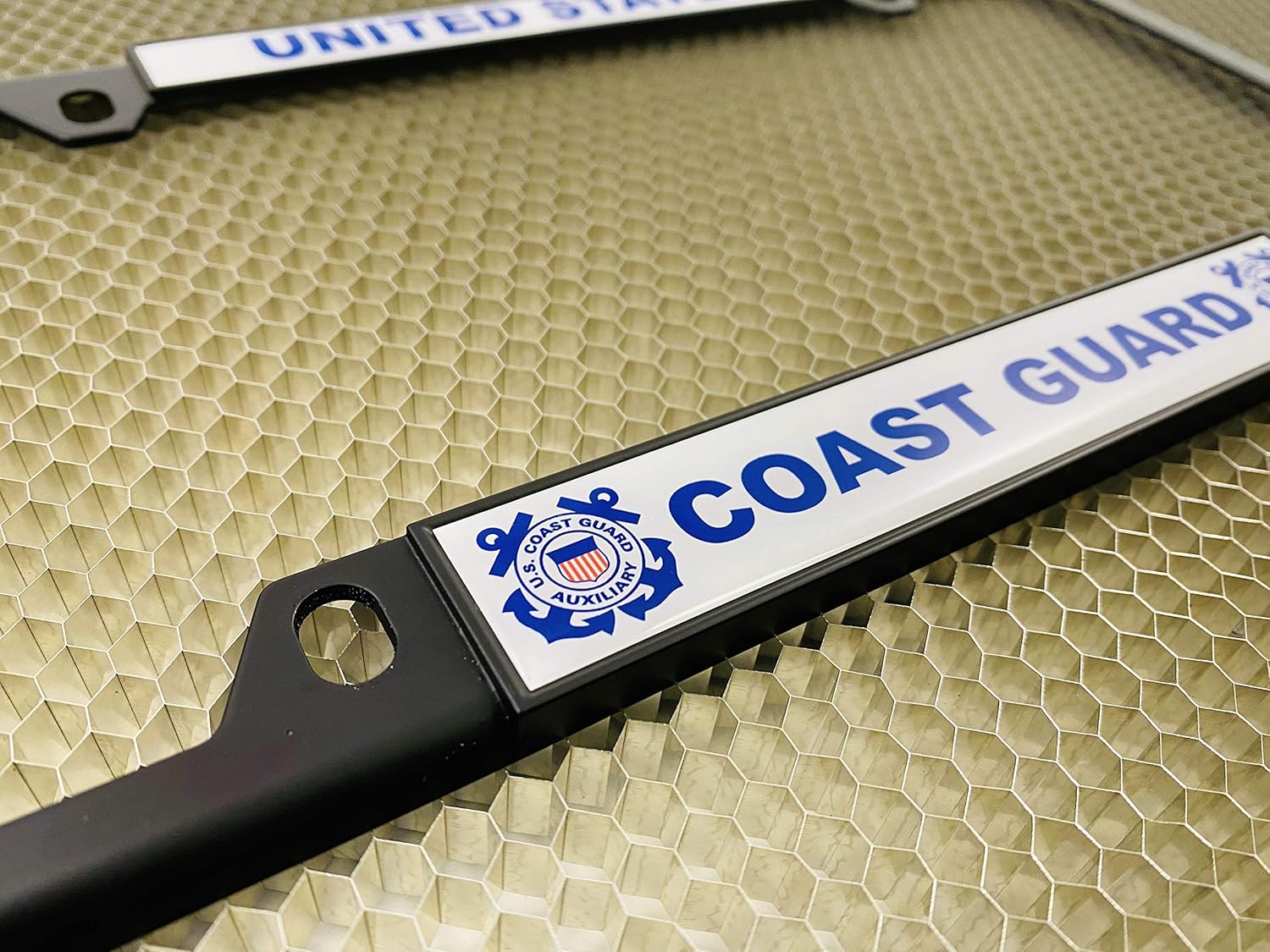 U.S. Coast Guard - Domed Custom-Made Personalized Narrow (Thin) Top 4 Hole Metal Car License Plate Frame with Free caps - Black (Quantity: 1 Frame)