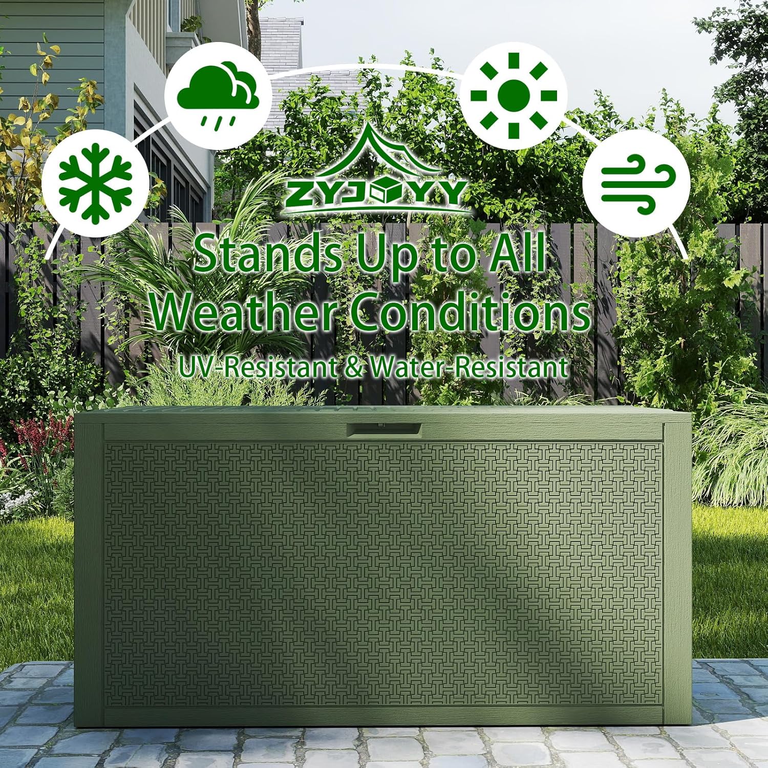 ZYJOYY Outdoor Storage Box, 90 Gallon Deck Box, Waterproof Resin Storage Bin for Patio Cushions, Gardening Tools, Lockable, UV Resistant,Olive Green - Image 4