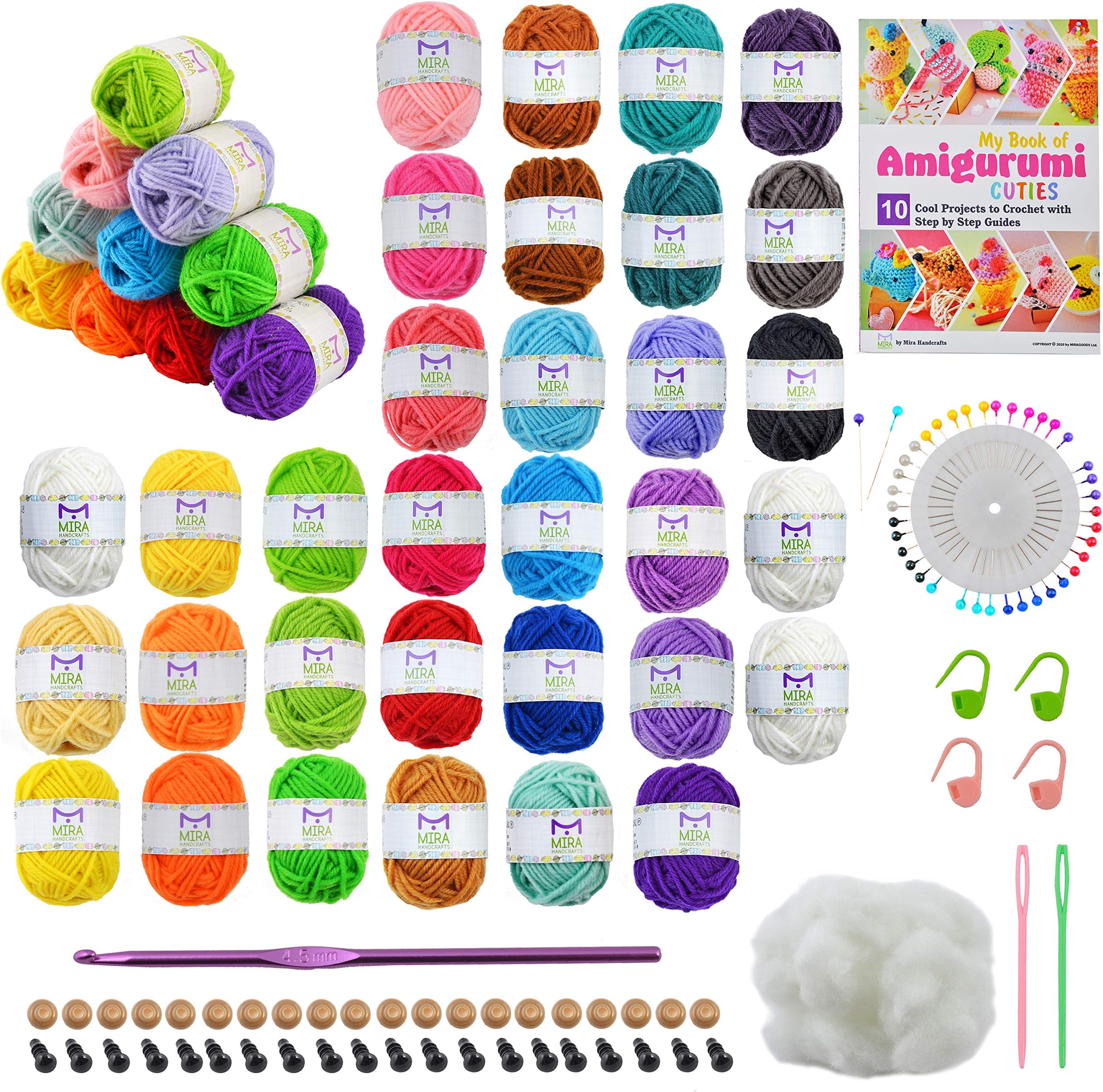 MIRA HANDCRAFTS 32 Acrylic Yarns with Real Amigurumi Book – DK Yarn for Crochet Complete Kit – 1 Crochet Hooks, 2 Needles, 4 Stitch Markers, Pearl Head Sewing Pins Set, Fiber Stuffing, Safety Eyes