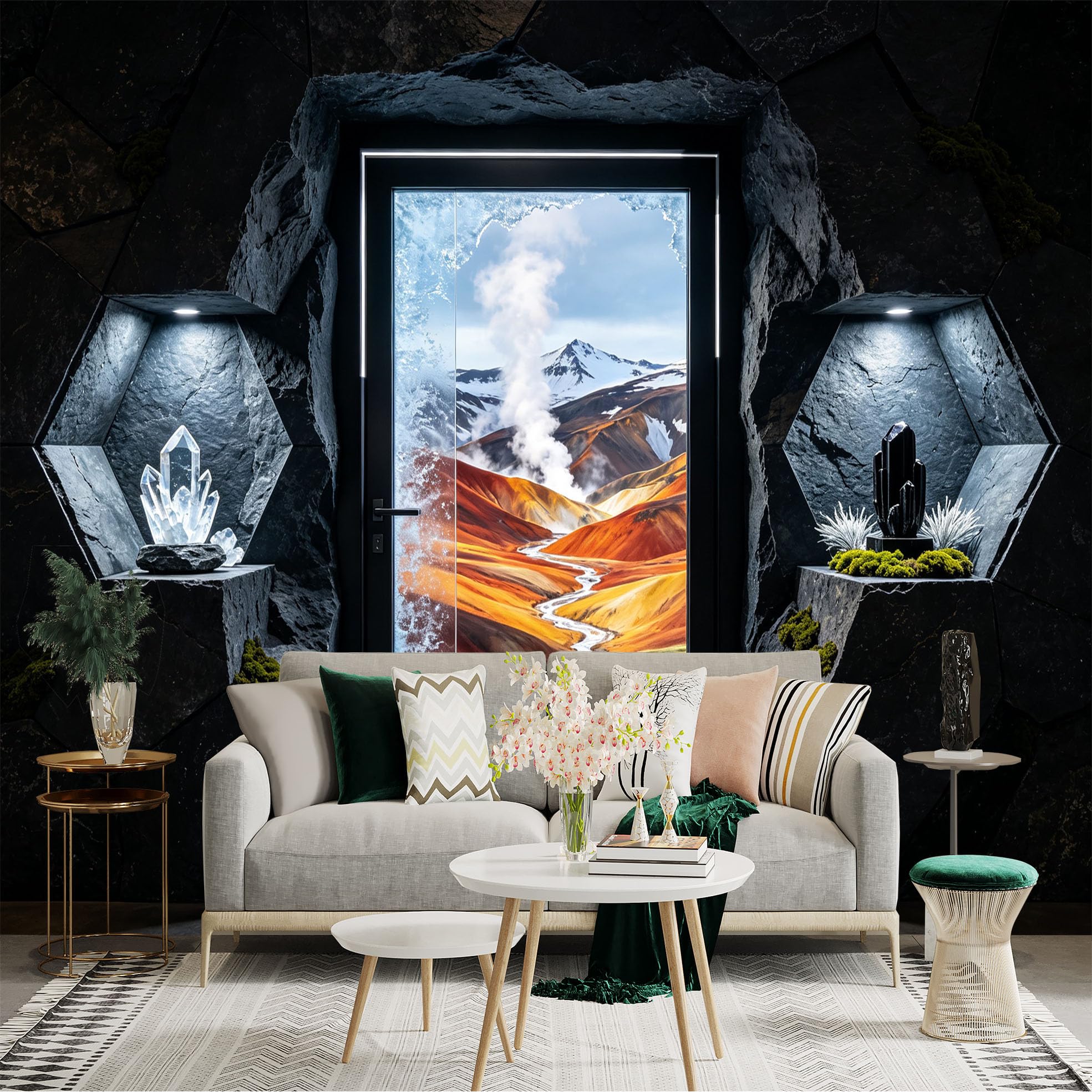 Custom Size Wall Sticker Mural， Fantasy Mountain Valley with River and Volcanic Landscape， for wall Decoration， peelandstick wall Decals.