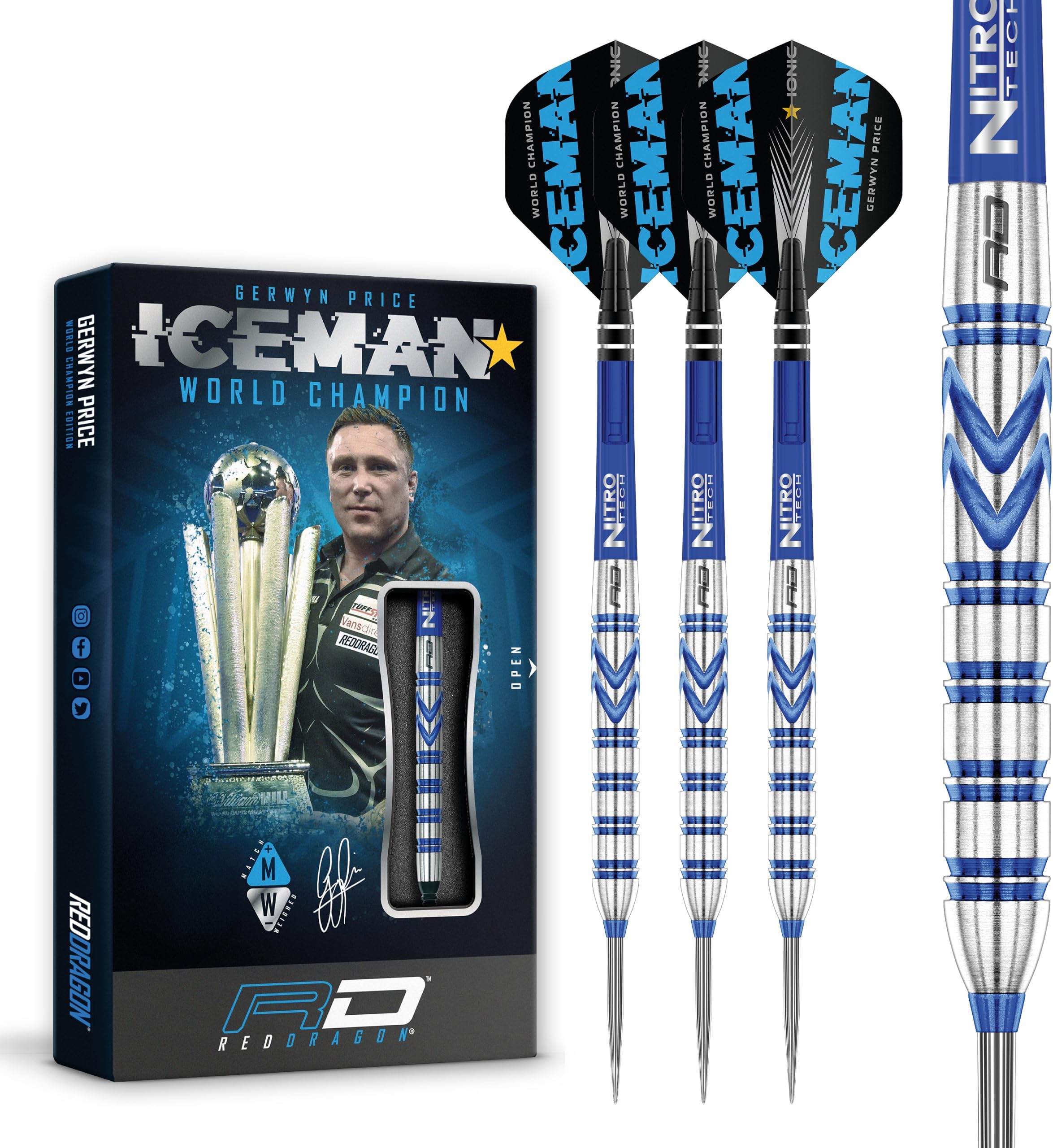 Gerwyn Price Blue Iceman Originals - Tungsten Darts Set | 90% Professional Steel Tip Darts with Flights & Stems | Precision Balanced | High-Performance Dart Set