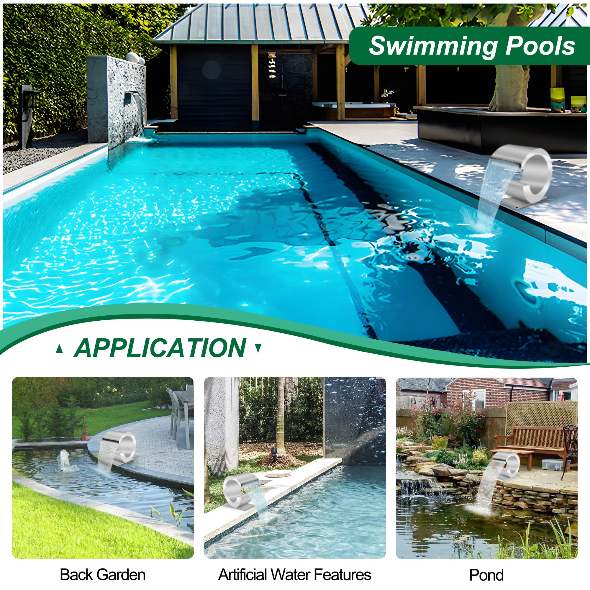 Fuente de piscina de acero inoxidable curvada, LONGRUNNEW con accesorios y cascadas de estanque J, kit para jardín, patio o piscina, 34,5 cm de altura
