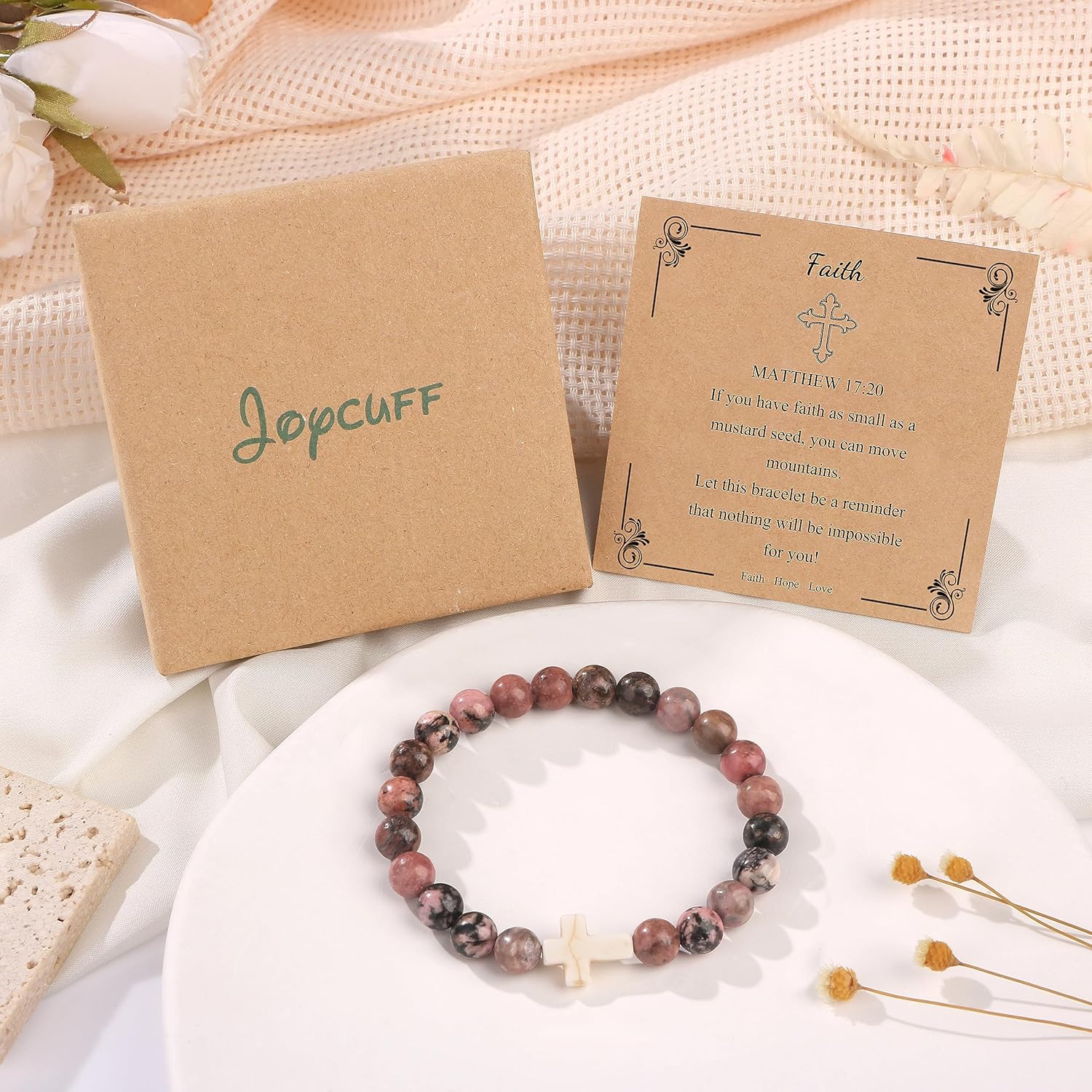 JoycuFF Christian Bracelets for Women Cross Bracelets for Religious Women Easter Catholic Natural Stone Bracelets Christian Jewelry Faith Communion Baptism Gifts - Image 7