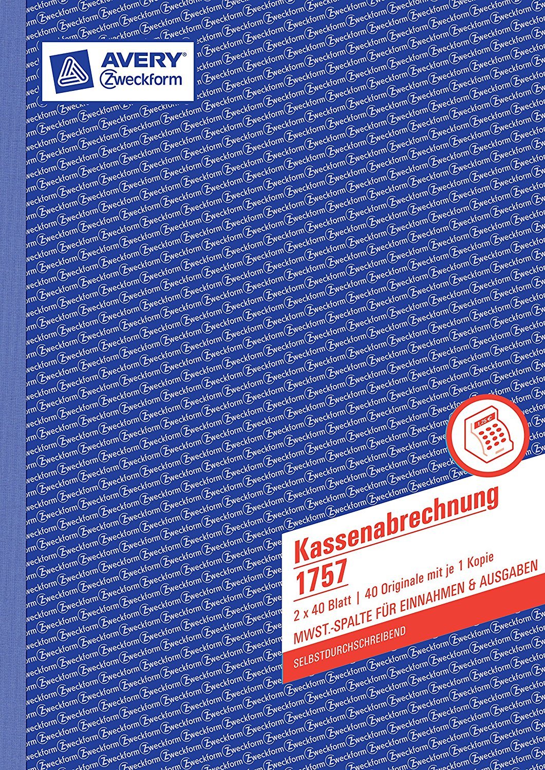 AVERY Zweckform 5er Pack 1757 Kassenabrechnung (A4, mit MwSt.-Spalte, 2x40 Blatt) weiß/gelb