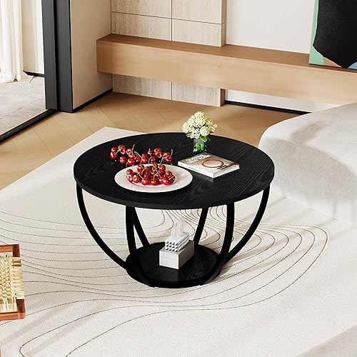 Miniatura 7 de HOMERECOMMEND Mesa de centro redonda, mesas de centro circulares de madera de 2 niveles con estantes de almacenamiento, mesa central decorativa para