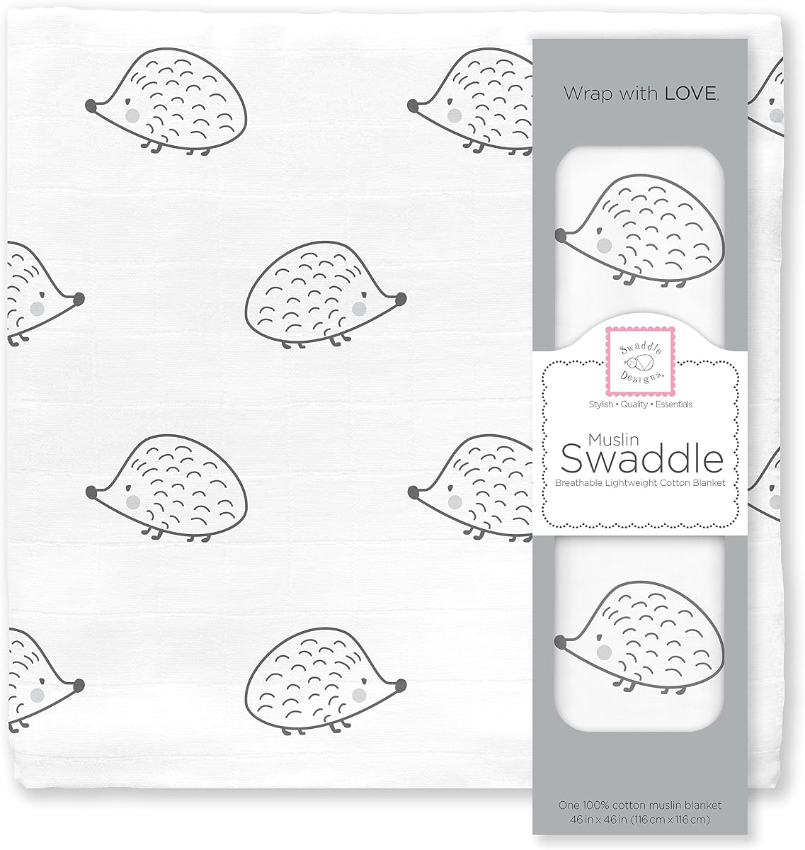 SwaddleDesigns Cotton Muslin Swaddle Blanket, Receiving Blanket for Boys & Girls, Best Shower Gift, 46x46 inches, Black Hedgehog