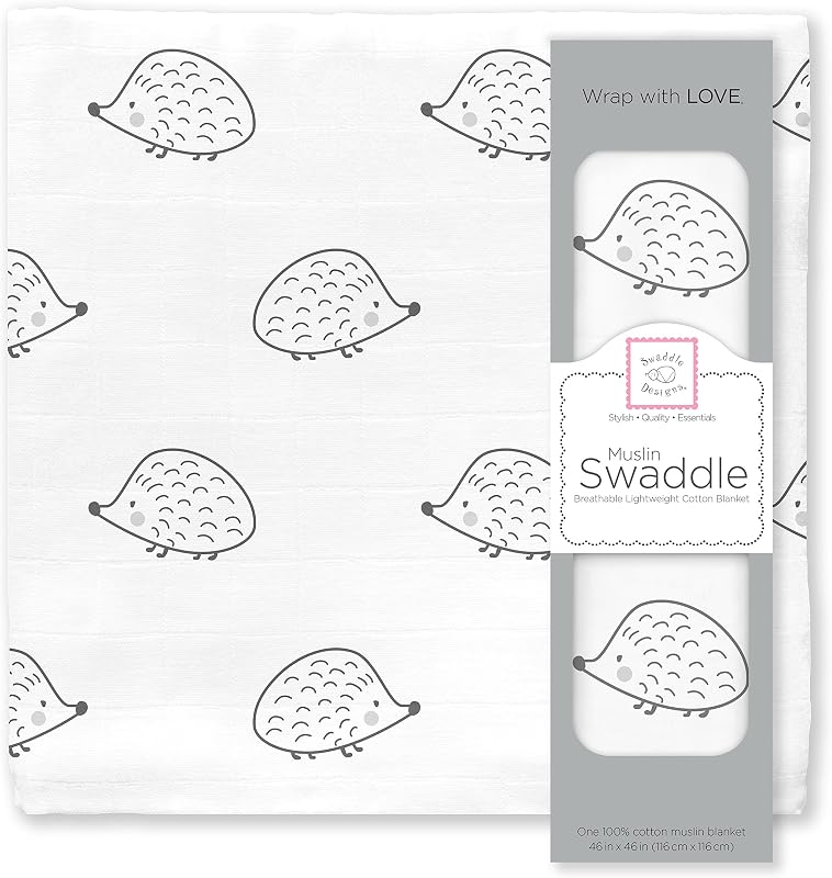 SwaddleDesigns Cotton Muslin Swaddle Blanket, Receiving Blanket for Boys & Girls, Best Shower Gift, 46x46 inches, Black Hedgehog