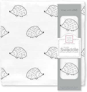 SwaddleDesigns Cotton Muslin Swaddle Blanket, Receiving Blanket for Boys & Girls, Best Shower Gift, 46x46 inches, Black Hedgehog