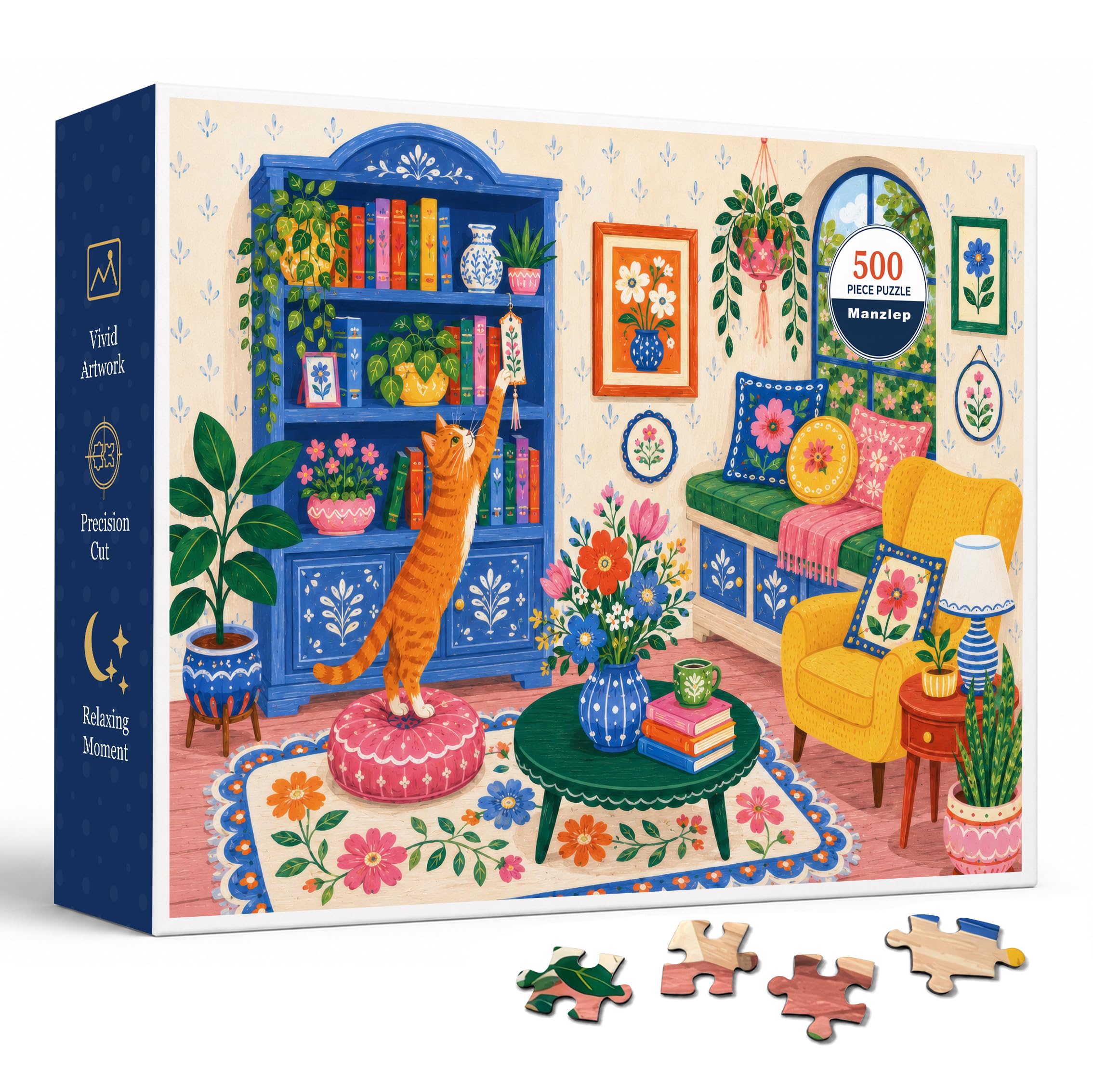 Cottage Reading Nook 500 Piece Jigsaw Puzzle for Adults, Colorful Folk Art Living Room with Blue Bookshelf, Orange Cat, Floral Cushions, Houseplants and Garden Window, 20.5 x 15 in Poster Included