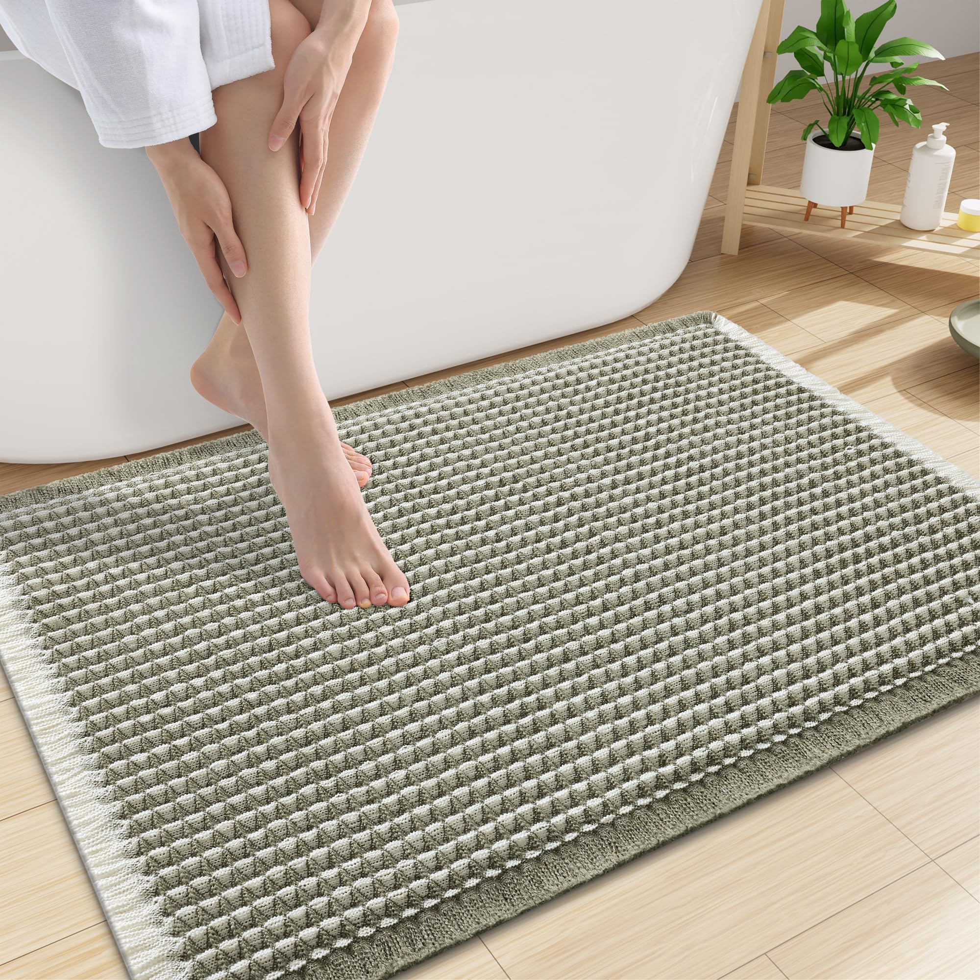 Smiry Waffle Bath Mat 30X20, Soft Absorbent Bathroom Rugs, Green &amp; Cream
