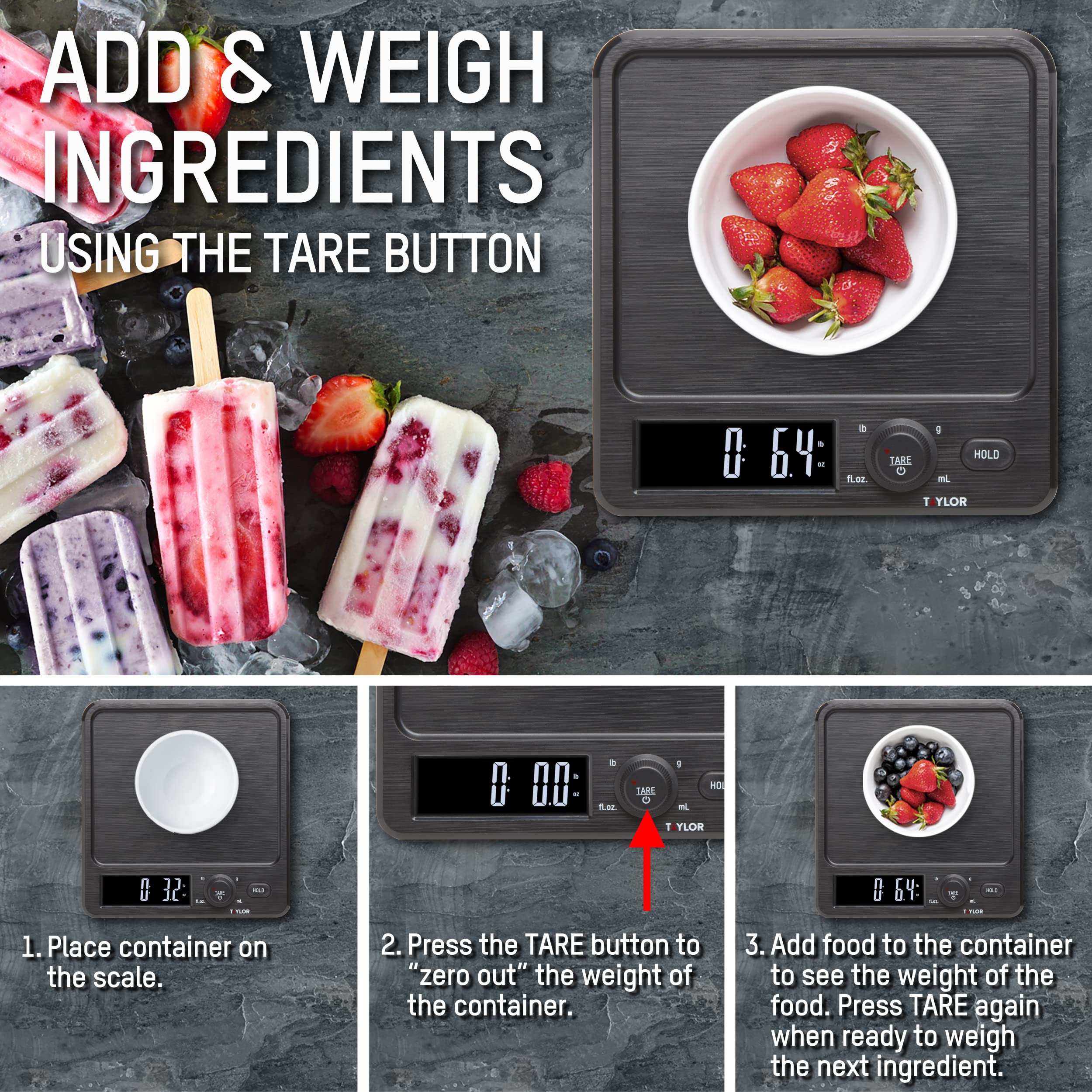 Taylor Precision Products Digital Kitchen Scale with Dishwasher Safe Stainless Steel Container and Snap On, 22 pound capacity, Black