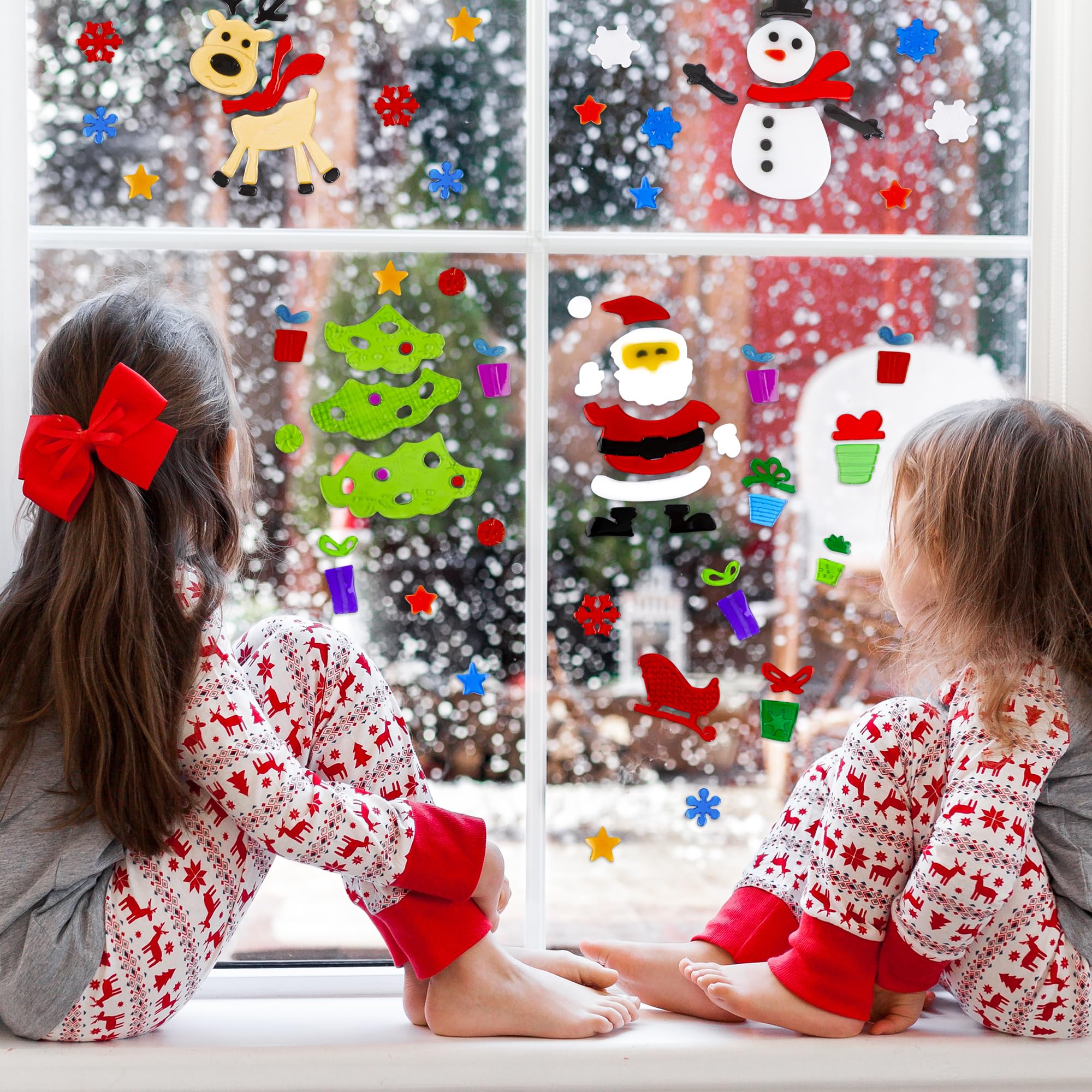 abeec Weihnachtliche Fensterbilder - Wiederverwendbar - Gel - Fensteraufkleber - Schneemann, Rentier, Weihnachtsmann & Weihnachtsbaum - Fensterdekoration