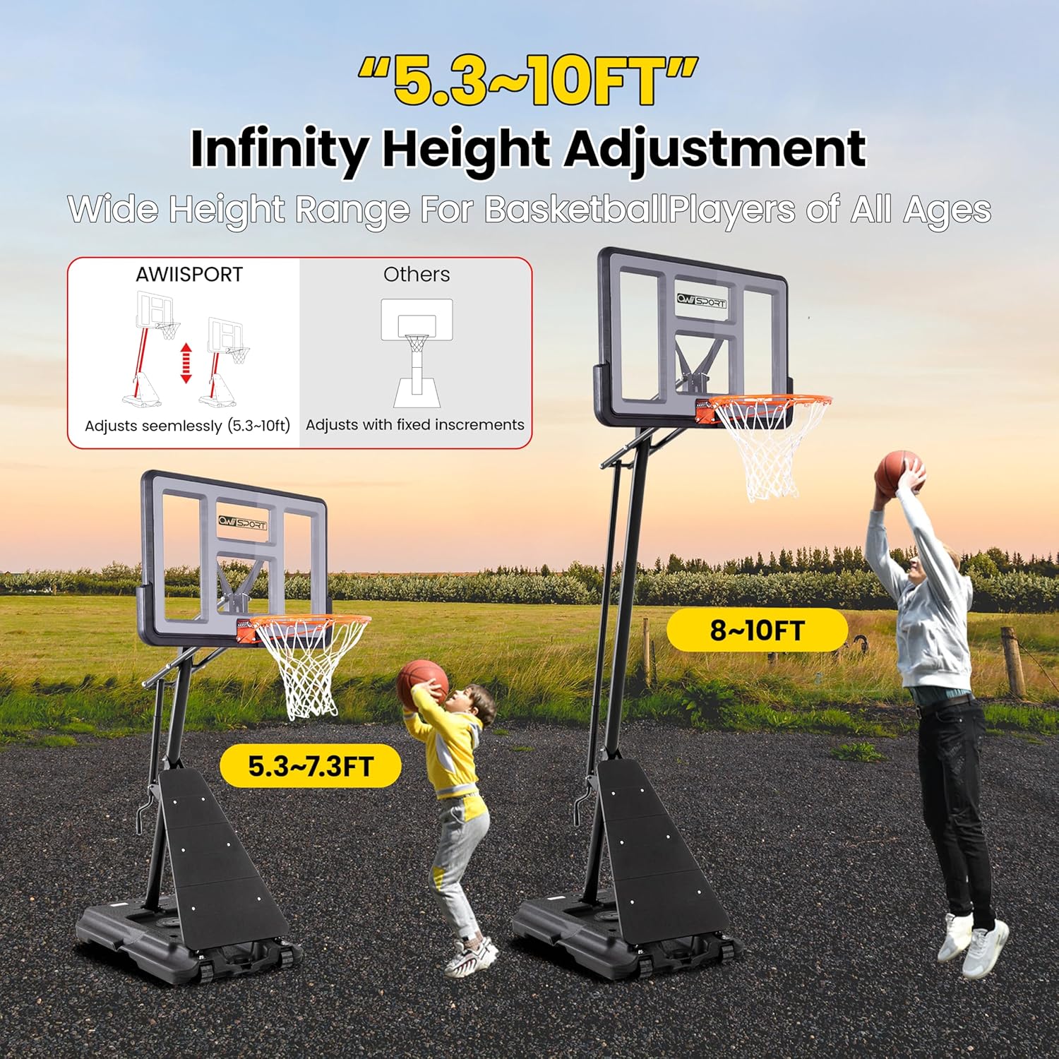 AWII SPORT Basketball Hoop Outdoor Protable 44/48Inch Impact Backboard, 5.3-10FT Height Adjustable Basketball Hoop Goal System with Portable Wheels for Adults