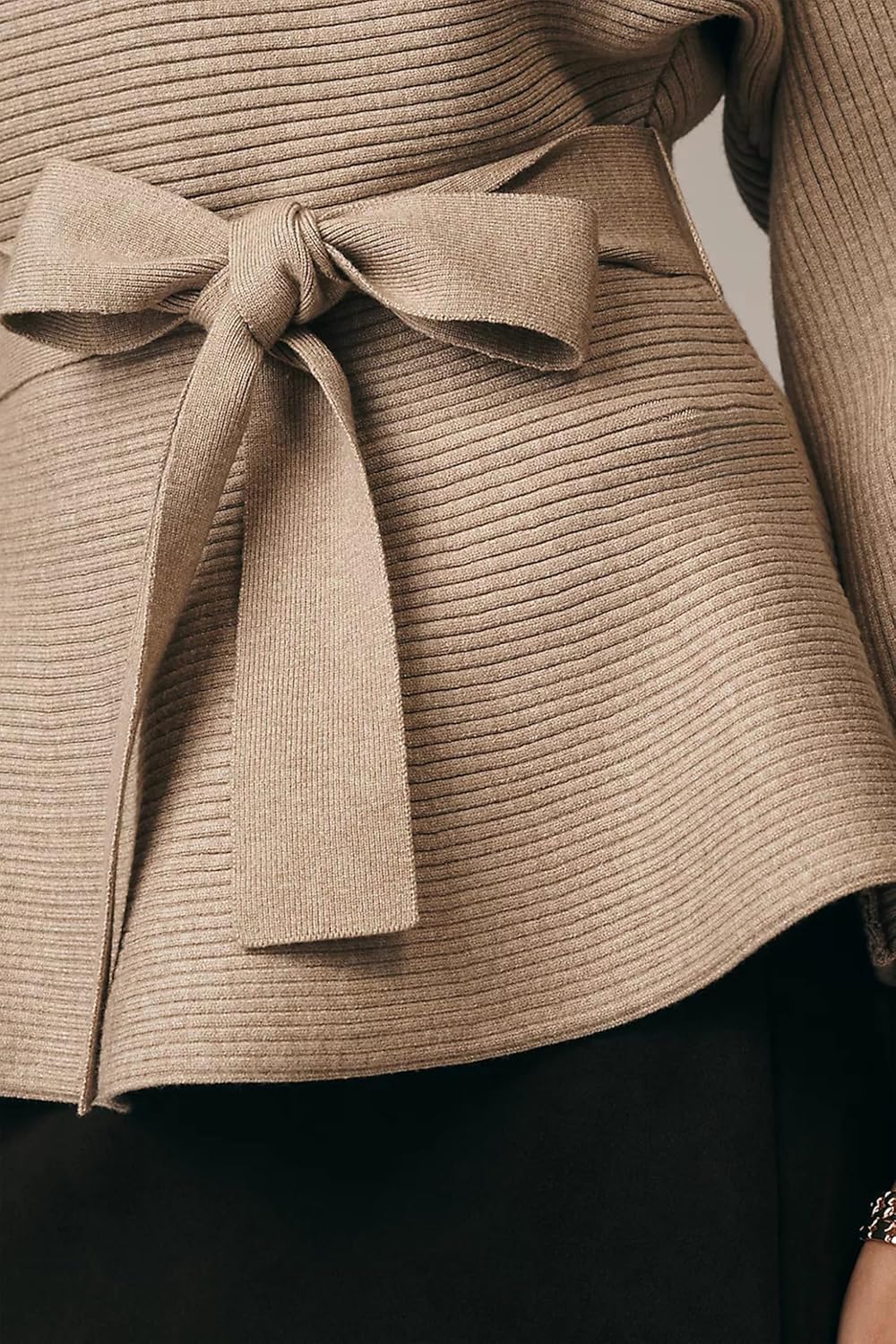 Women Peplum Ribbed Knitted Pullover Sweaters Fall Dressy Causal Crewneck 3/4 Sleeve Jumper Tops with Belt - Image 4