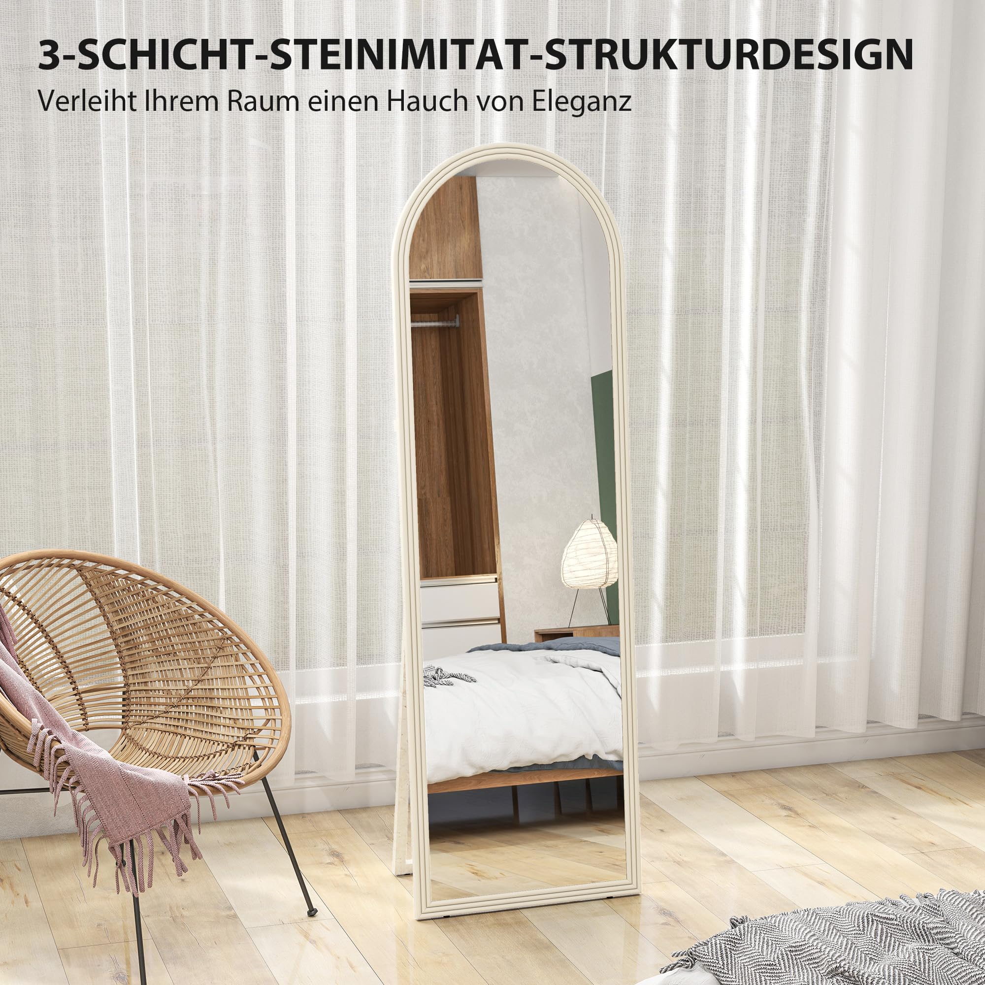 HOMCOM Bogen Ganzkörperspiegel 160 x 50 cm Standspiegel zum Stehen Weiß | Mit Steinoptik, Wandspiegel, zum Anlehnen, Spiegel für Wohnzimmer, Schlafzimmer, Flur
