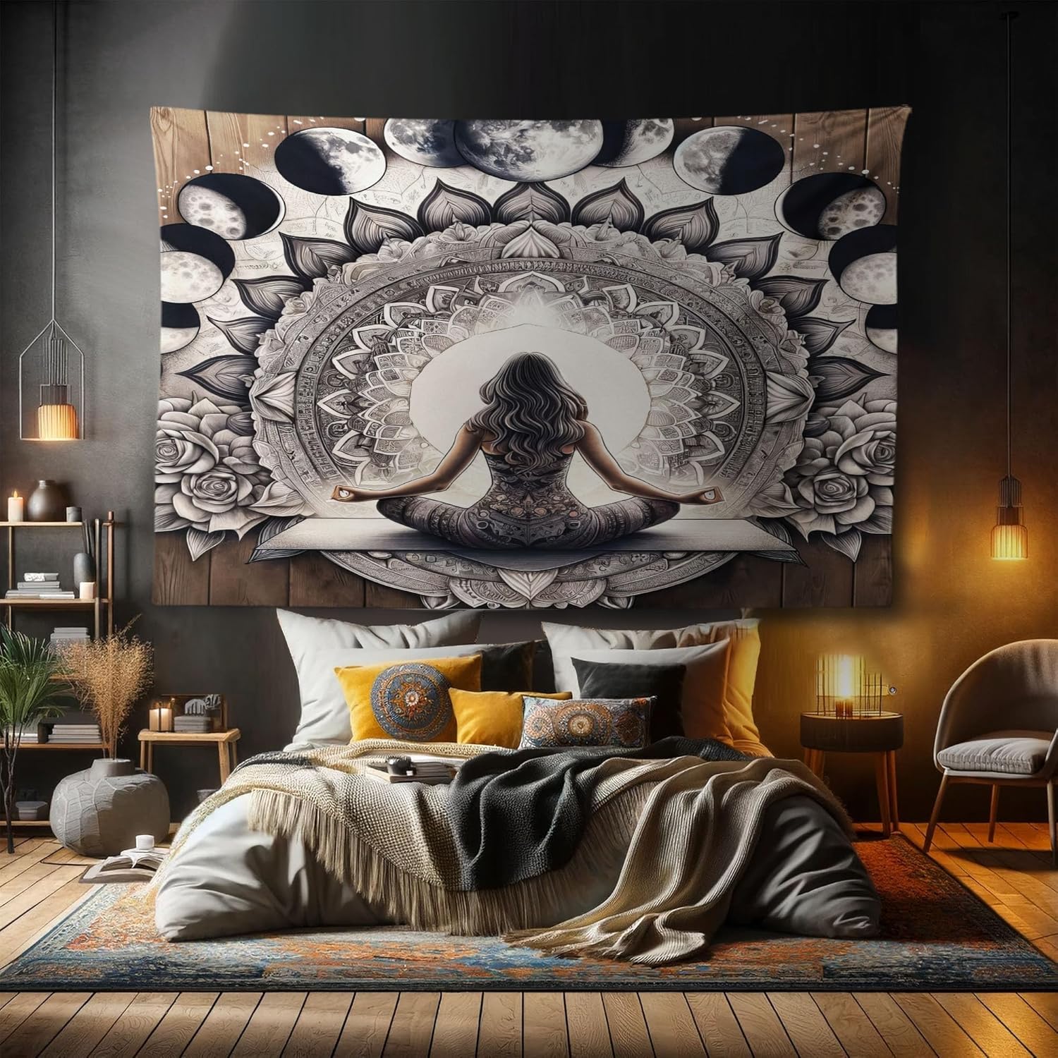 Ambesonne Mandala Tapestry, Meditating Lady with Ethnic Florals and Lunar Phases Frame Rustic, Fabric Wall Hanging Decor for Bedroom Living Room Dorm, 90" X 60", Cocoa Charcoal Grey White