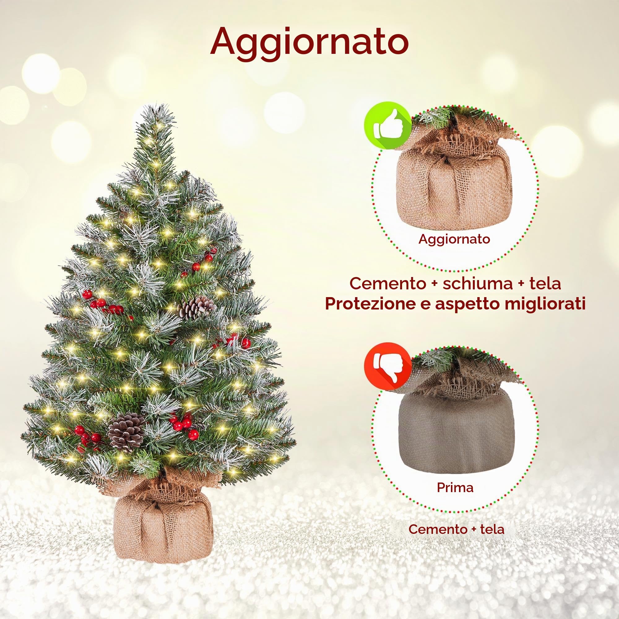 Yaheetech Set di 2 Mini Albero di Natale da 61 cm Piccolo Albero Innevato con 35 Luci a LED 42 Bacche Rosse e 6 Pigne Ideale per Decorazioni Interni