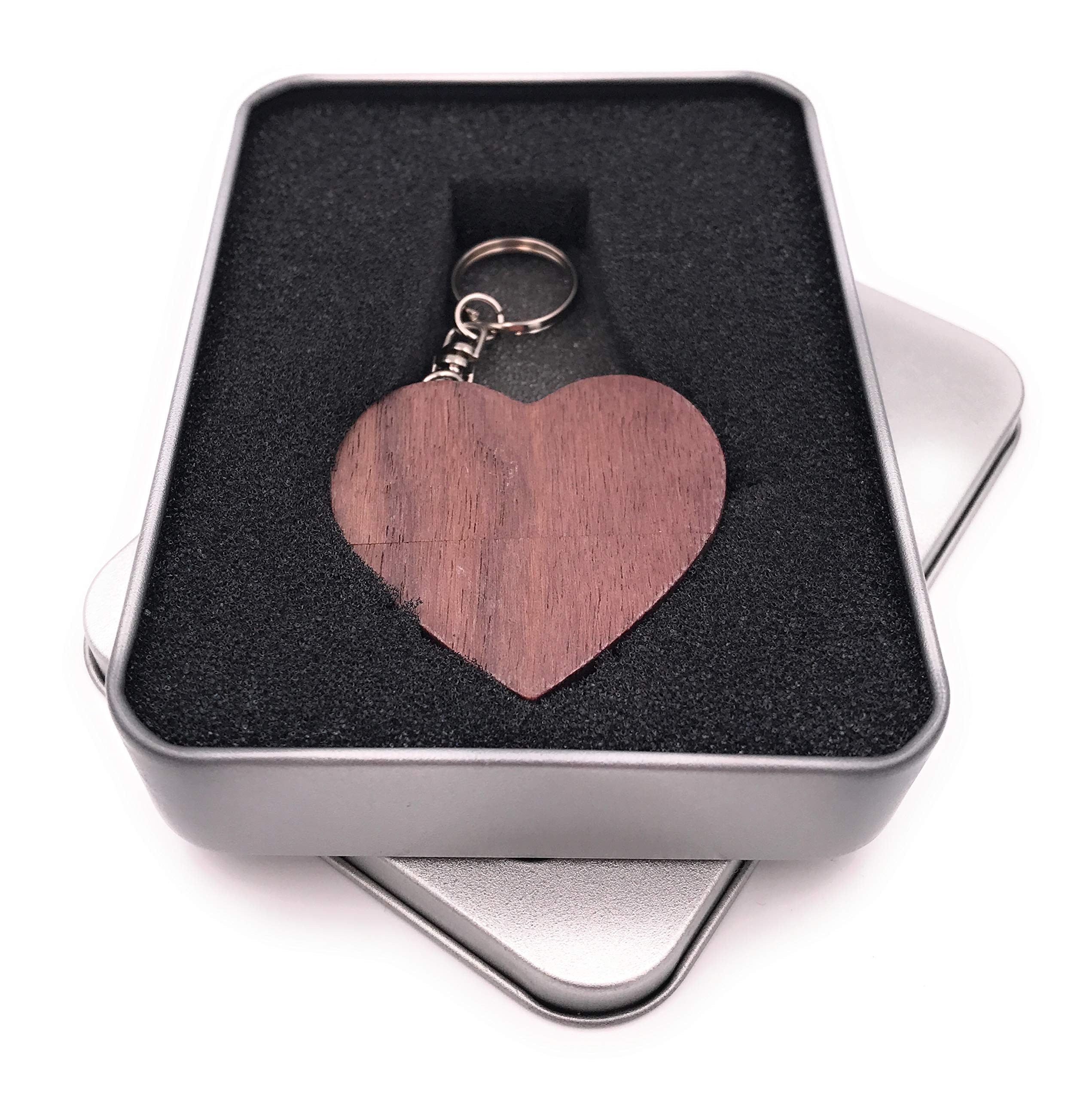 Onwomania Serce z drewna ciemna miłość pendrive w aluminiowym pudełku prezentowym 128 GB USB 3.0
