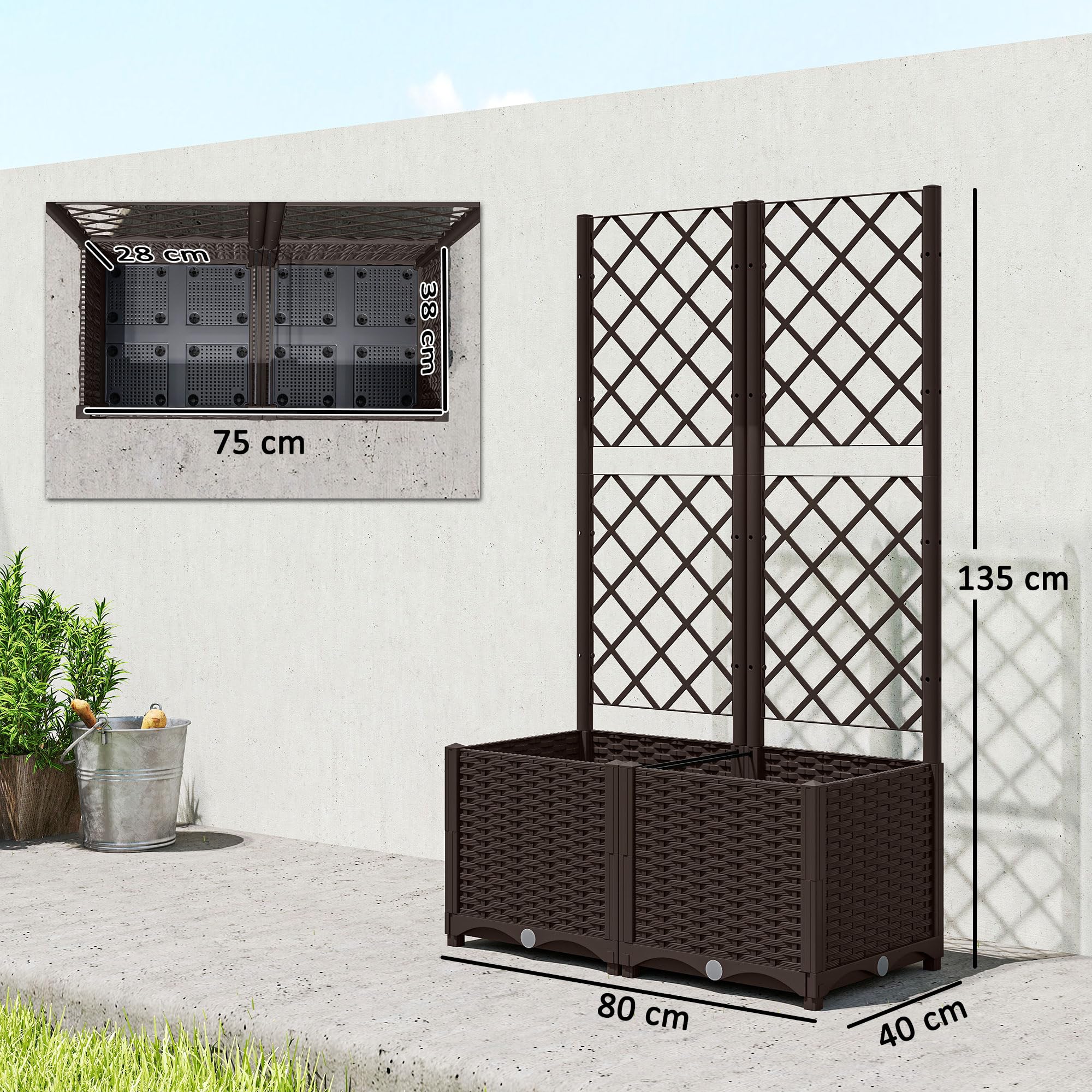 Outsunny Letto per Orto Rialzato da Esterno in PP 80x40x135 cm Marrone | Grigliato, 6 Fori di Drenaggio, Fioriera da Esterno per Piante Rampicanti, per Fiori e Verdure, per Giardino e Balcone