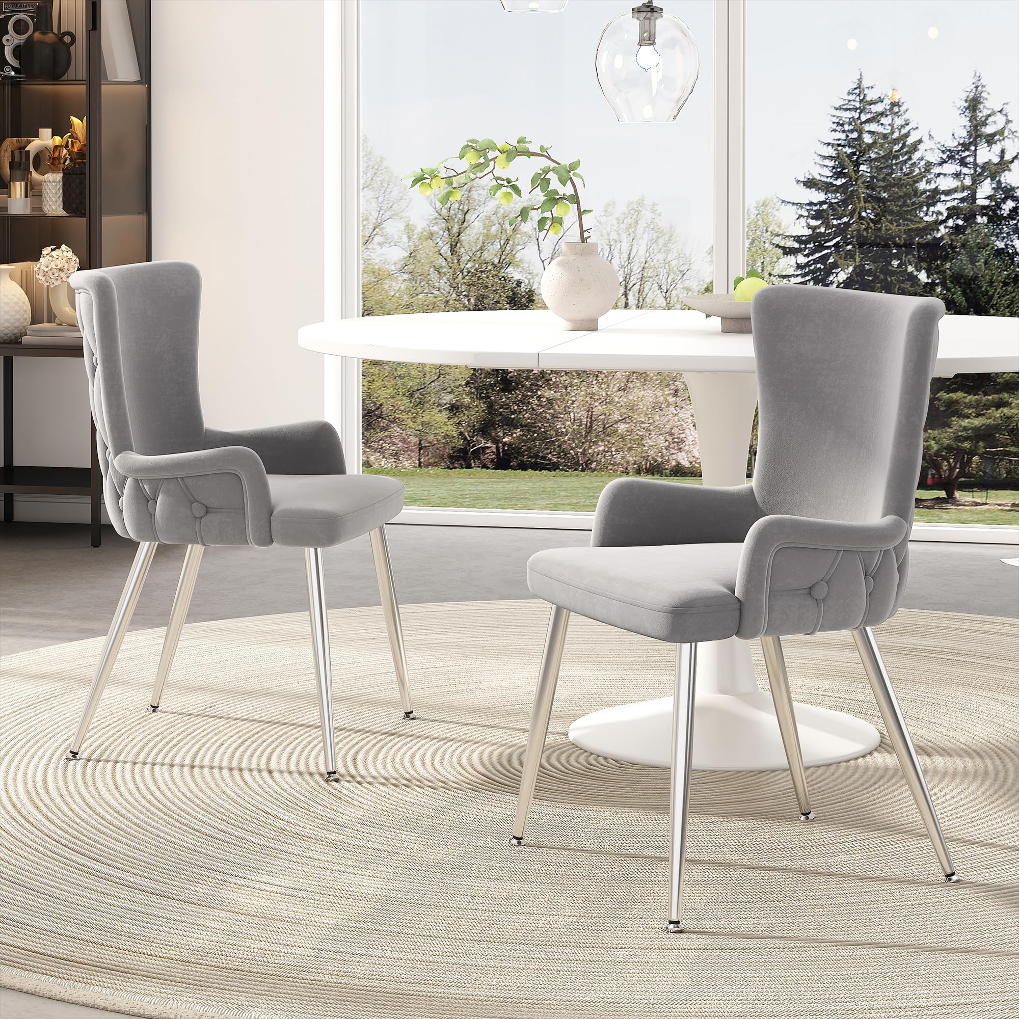 Bladez Juego de 4 sillas de comedor de terciopelo, sillas de salón con patas de metal, color beige (4, gris y plateado, 47 x 49 x 85)