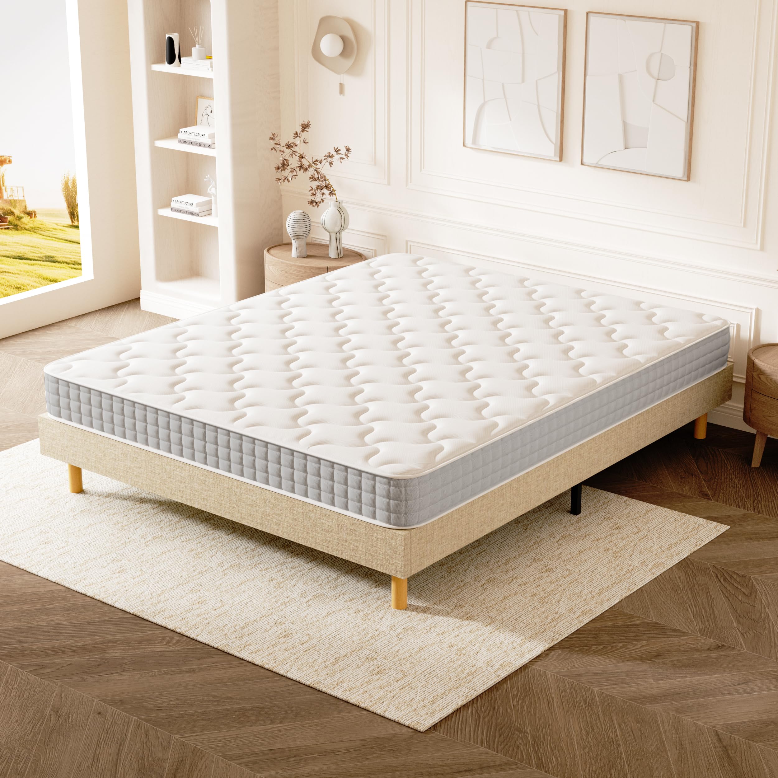 DEWINNER Ensemble Sommier et Matelas 120x190 cm, Lit Une Personne Complet avec Sommier Tapissier et Matelas Ressorts Ensachés 120x190x20, Confort, Respirant (Matelas 120x190x20+Sommier) Beige