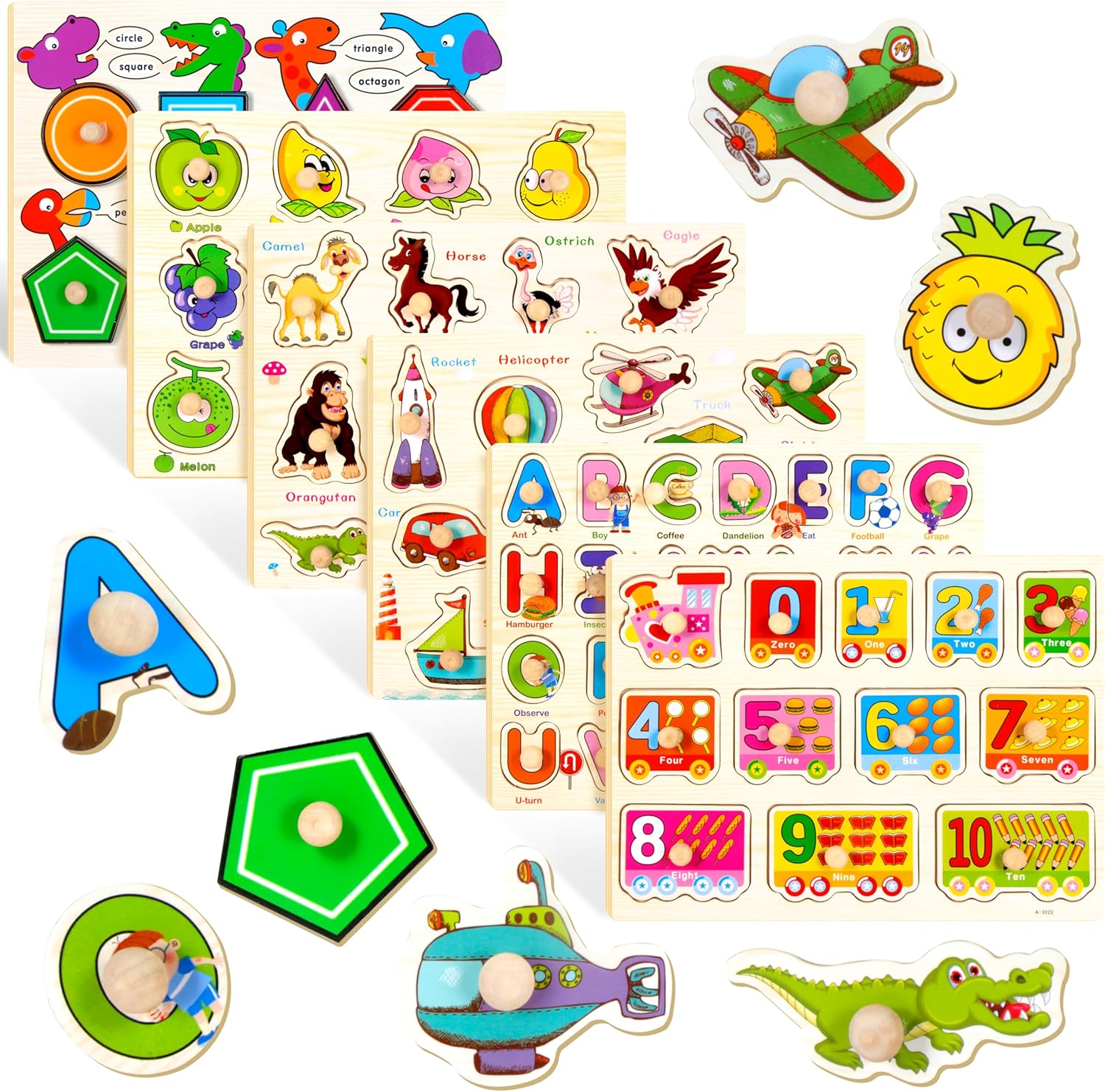 6 Pack Wooden Peg Puzzles Set for Toddlers 3 4, Preschool Educational Pegged Knob Puzzle Toy Wooden Learning Toys for Baby Boys and Girls Age 3-4