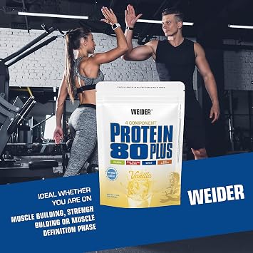 Weider Protein 80 Plus (500 g) Vanilla Flavor Multi-Protein Source: Casein, Milk Protein Isolate, Whey, Egg Albumin, Powder for Creamy Low Fat and Low Sugar Shakes, Delicious Taste | 4-component protein powder, 80% protein, creamy shakes with calcium and vitamin B6