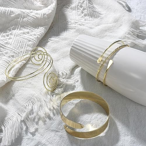 Miniatura 6 de FUNRUN JEWELRY Brazalete de filigrana ajustable con bobina de 3 a 6 unidades r: tono plateado., dorado (B:Gold tone), C: tono dorado, 4 piezas, D: