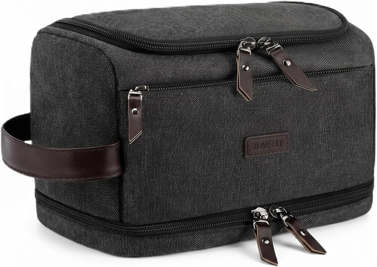 ZOMFELT Toiletry Bag for Men, Dual Layers Canvas Travel Toiletries Bag | Water-Resistant Travel Organizer with Elastic, Large Capacity Dopp Kit, Hanging Shaving Hygiene Bag, Black