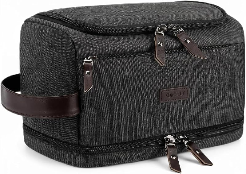 ZOMFELT Toiletry Bag for Men, Dual Layers Canvas Travel Toiletries Bag | Water-Resistant Travel Organizer with Elastic, Large Capacity Dopp Kit, Hanging Shaving Hygiene Bag, Black