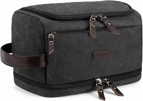 ZOMFELT Toiletry Bag for Men, Dual Layers Canvas Travel Toiletries Bag | Water-Resistant Travel Organizer with Elastic, Large Capacity Dopp Kit, Hanging Shaving Hygiene Bag, Black